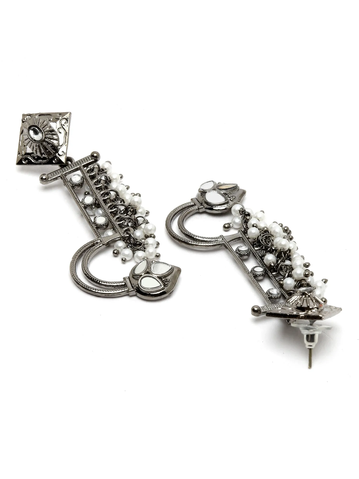 Karatcart Black Silver Plated Mirror Studded Pearl Dangler Earrings for Women