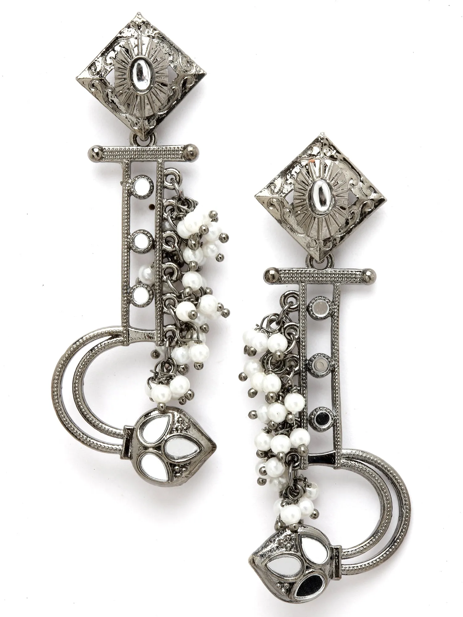 Karatcart Black Silver Plated Mirror Studded Pearl Dangler Earrings for Women
