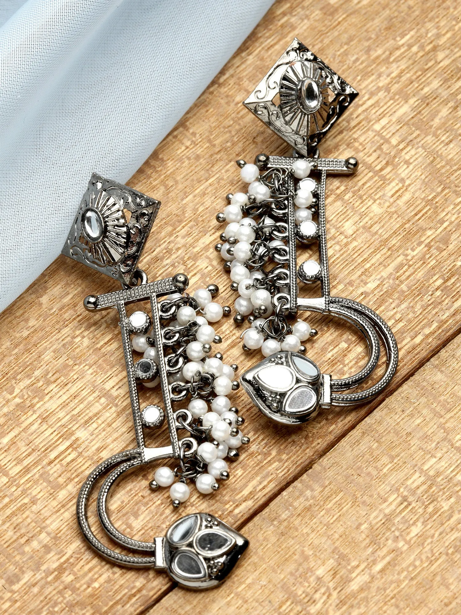 Karatcart Black Silver Plated Mirror Studded Pearl Dangler Earrings for Women