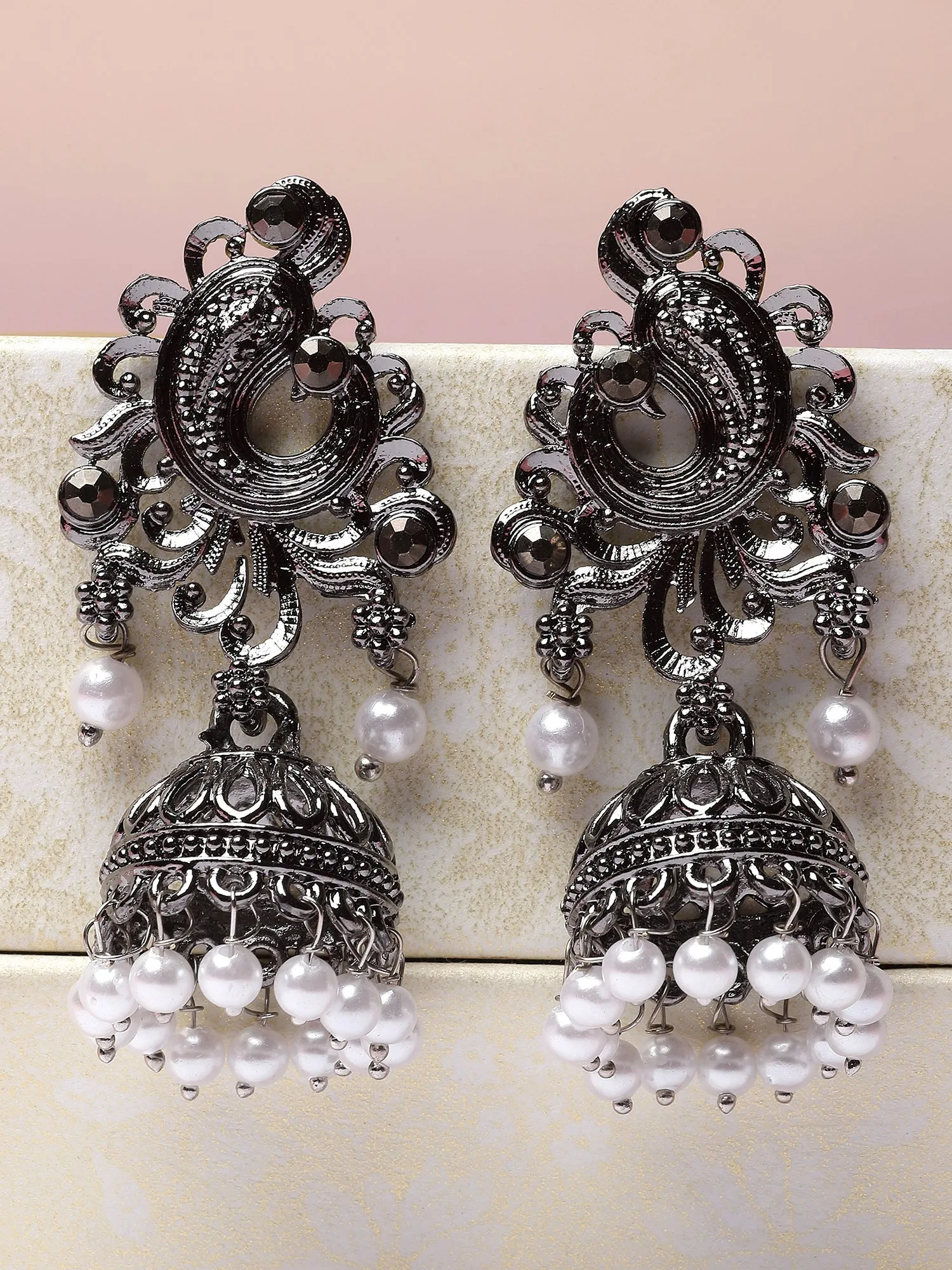 Karatcart Black Silver Plated Pearl Studded Jhumki Earrings for Women