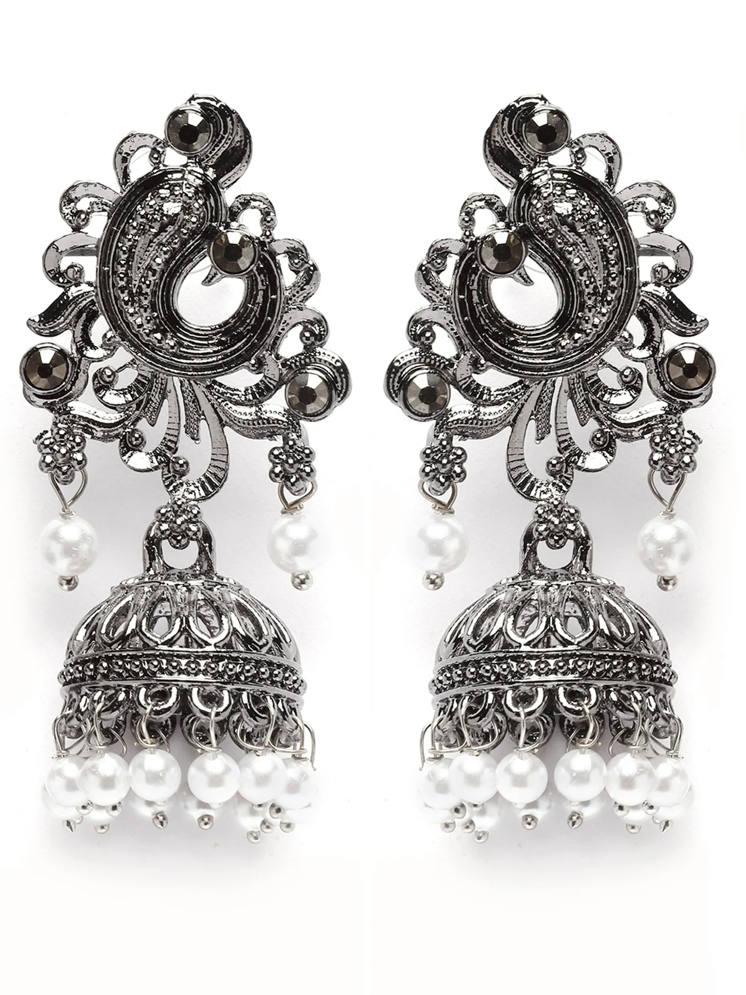 Karatcart Black Silver Plated Pearl Studded Jhumki Earrings for Women