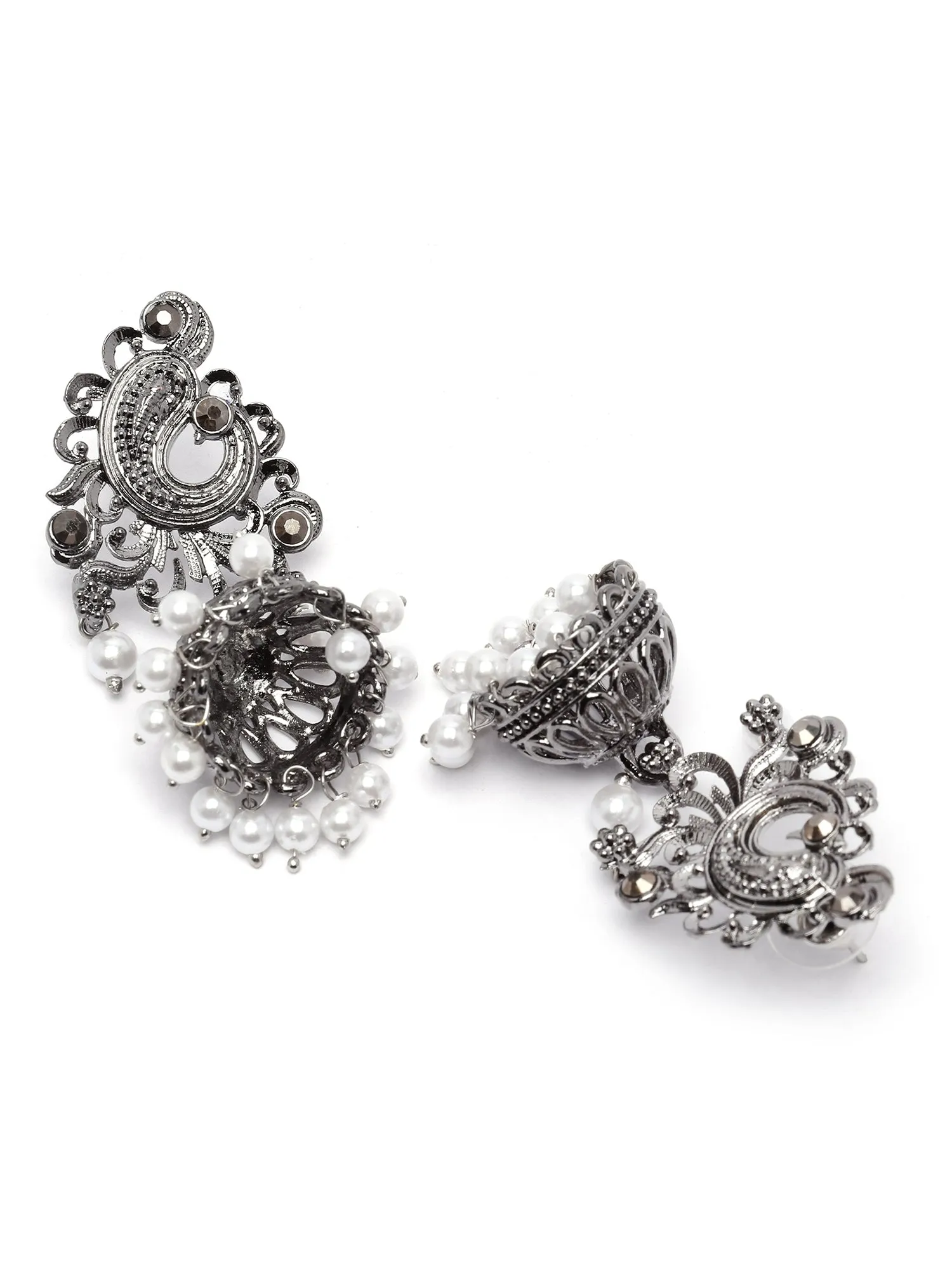 Karatcart Black Silver Plated Pearl Studded Jhumki Earrings for Women
