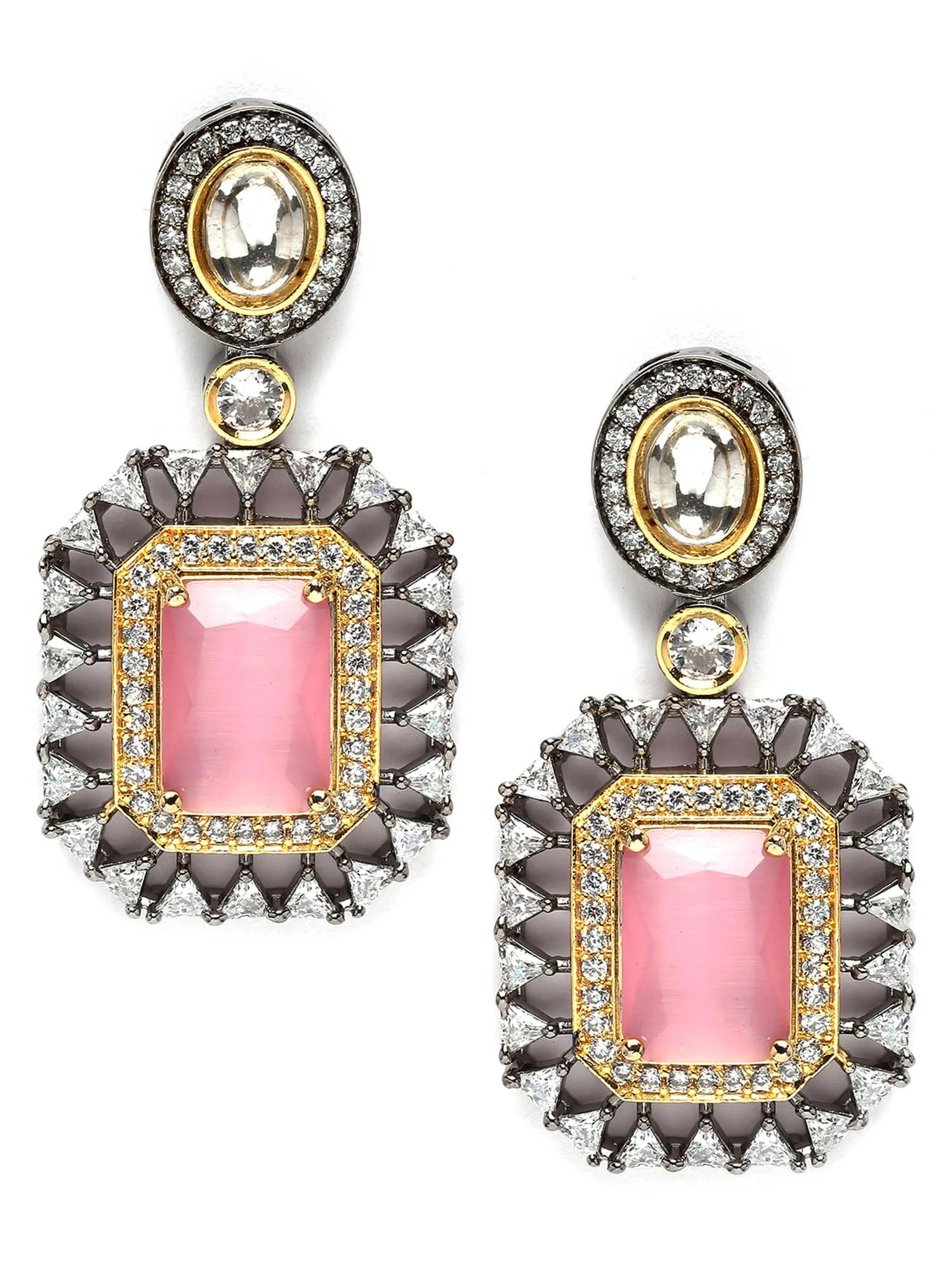 Karatcart Black Silver Plated Pink Cubic Zirconia Studded Drop Earrings for Women