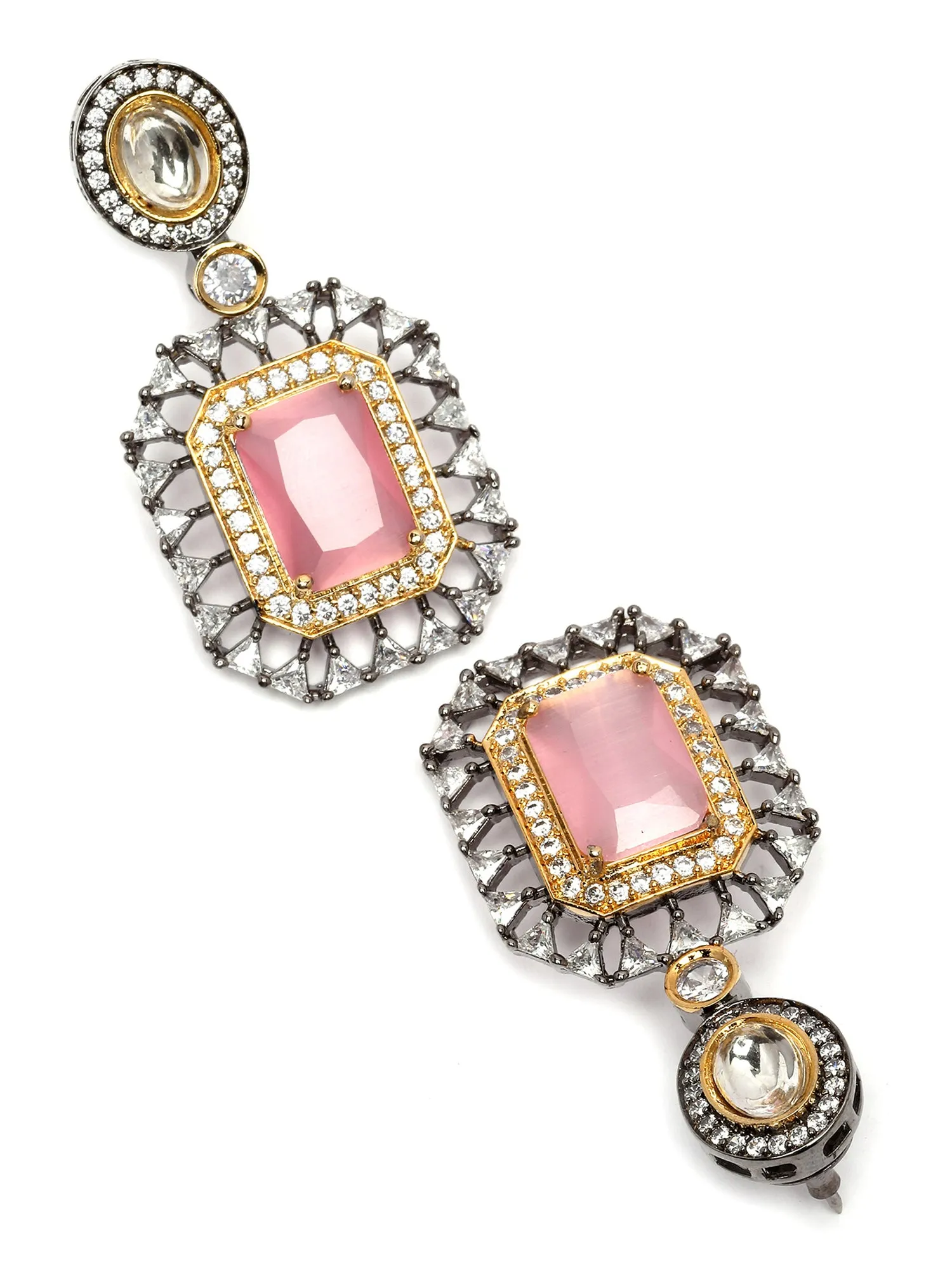 Karatcart Black Silver Plated Pink Cubic Zirconia Studded Drop Earrings for Women