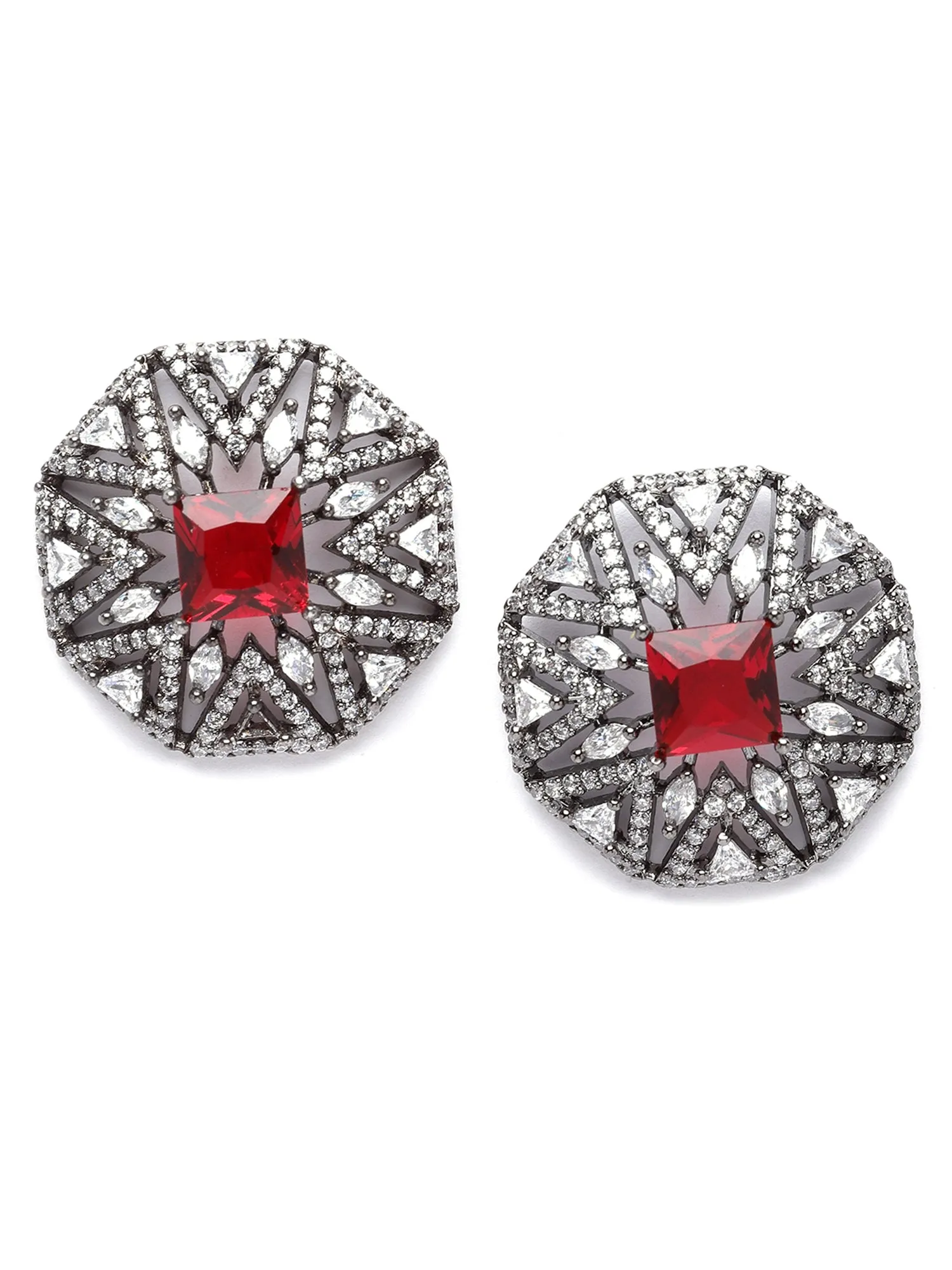 Karatcart Black Silver Plated Red Cubic Zirconia Stud Earrings for Women