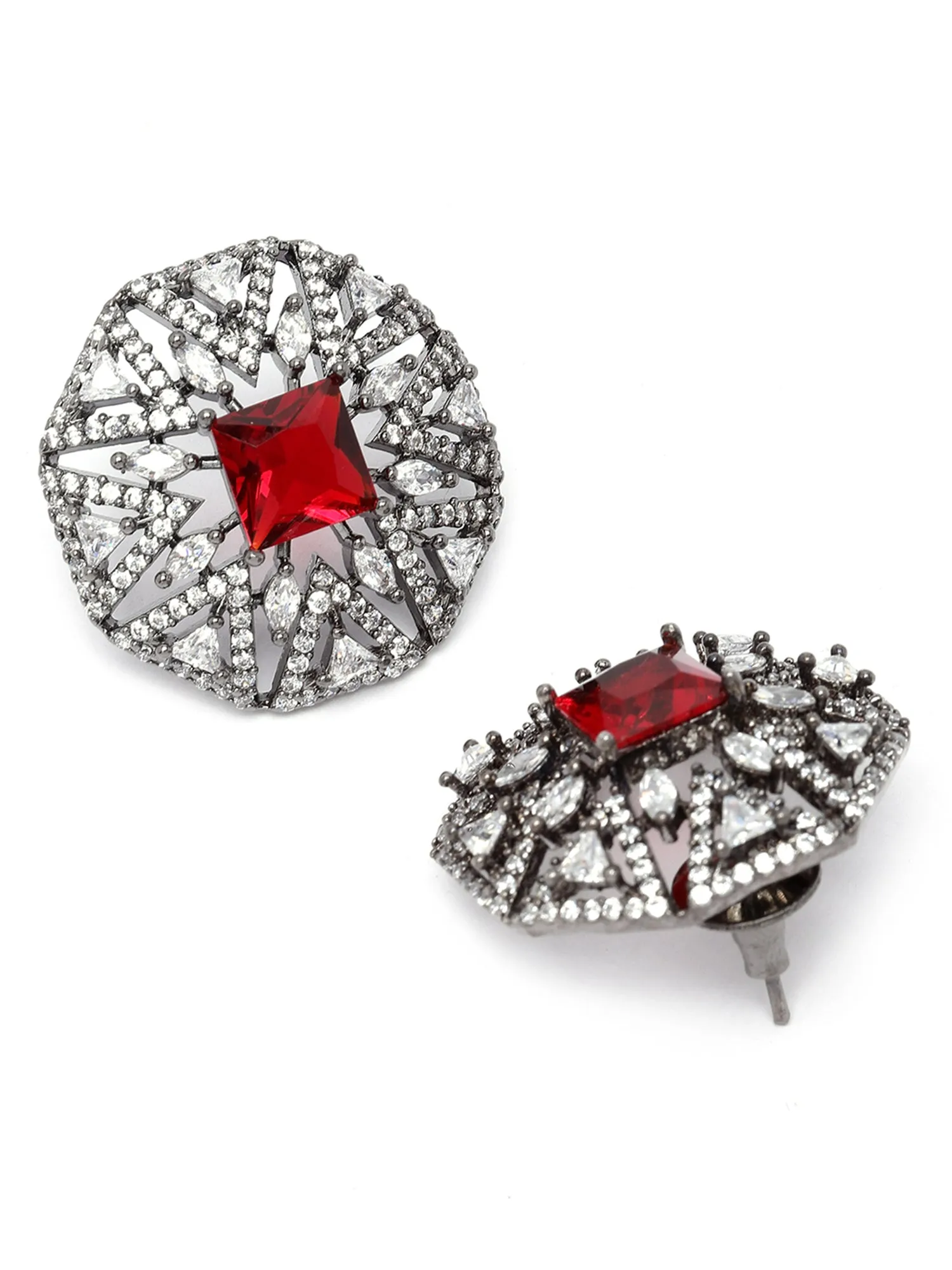 Karatcart Black Silver Plated Red Cubic Zirconia Stud Earrings for Women