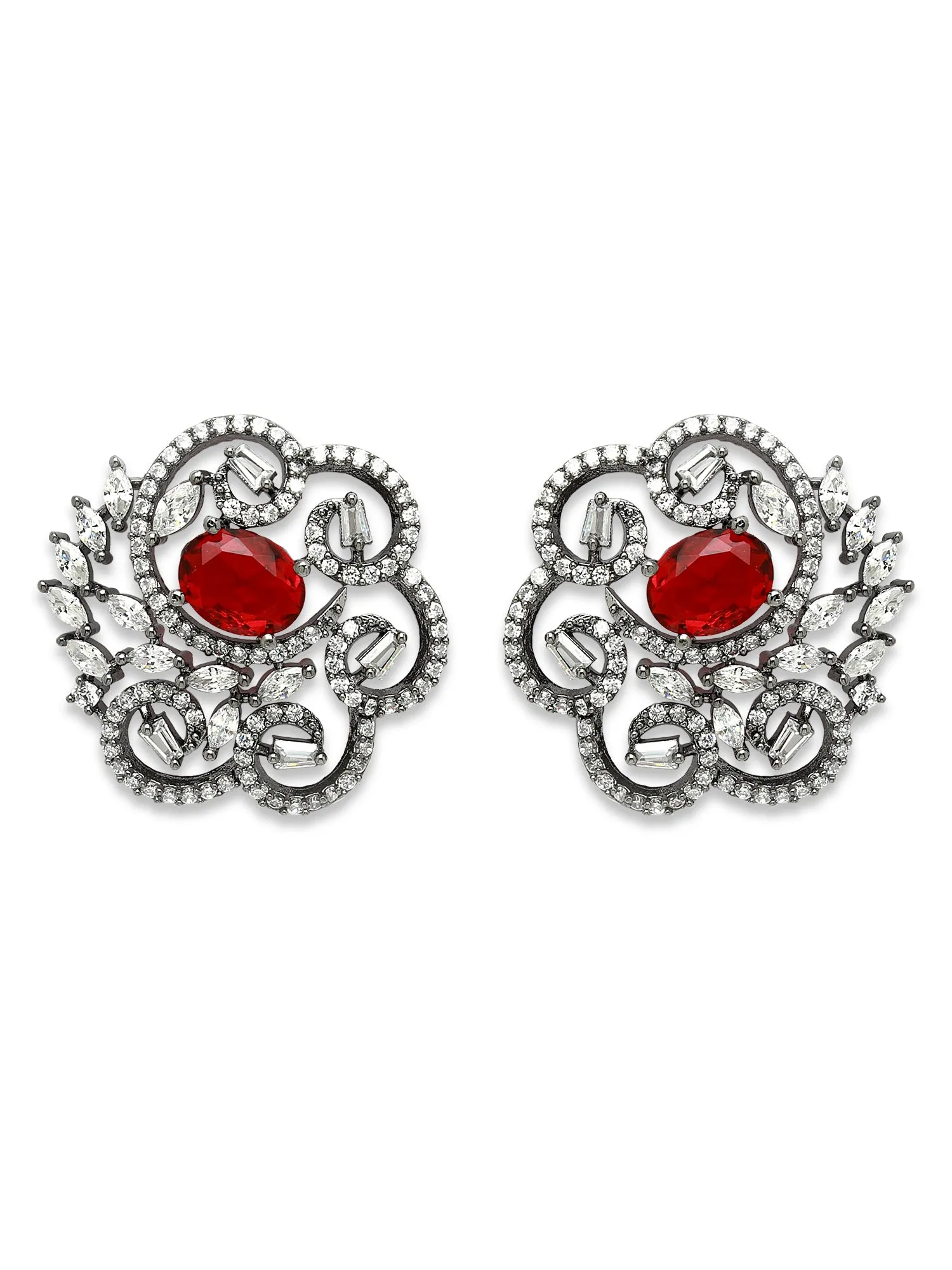 Karatcart Black Silver Plated Red Oval Cubic Zirconia Floral Design Stud Earrings for Women