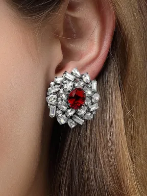 Karatcart Black Silver Plated Red Oval Cubic Zirconia Floral Stud Earrings for Women
