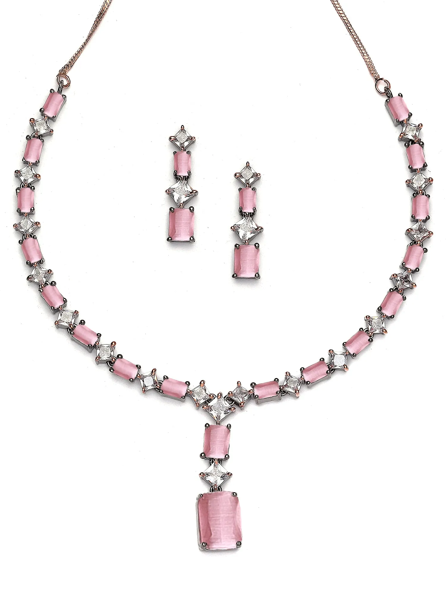 Karatcart Black Silver Plated Square Pink Cubic Zirconia Necklace Set for Women