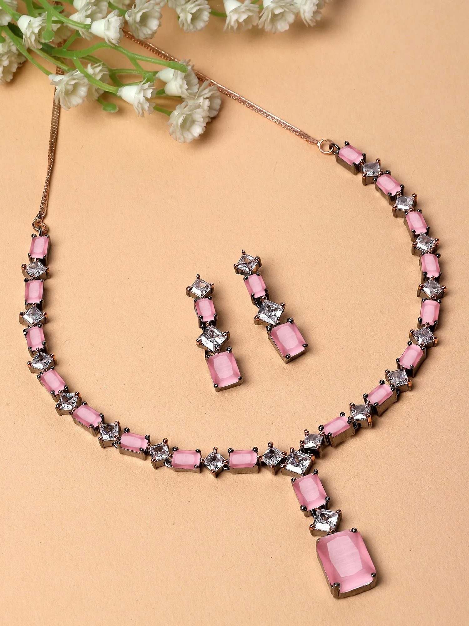 Karatcart Black Silver Plated Square Pink Cubic Zirconia Necklace Set for Women