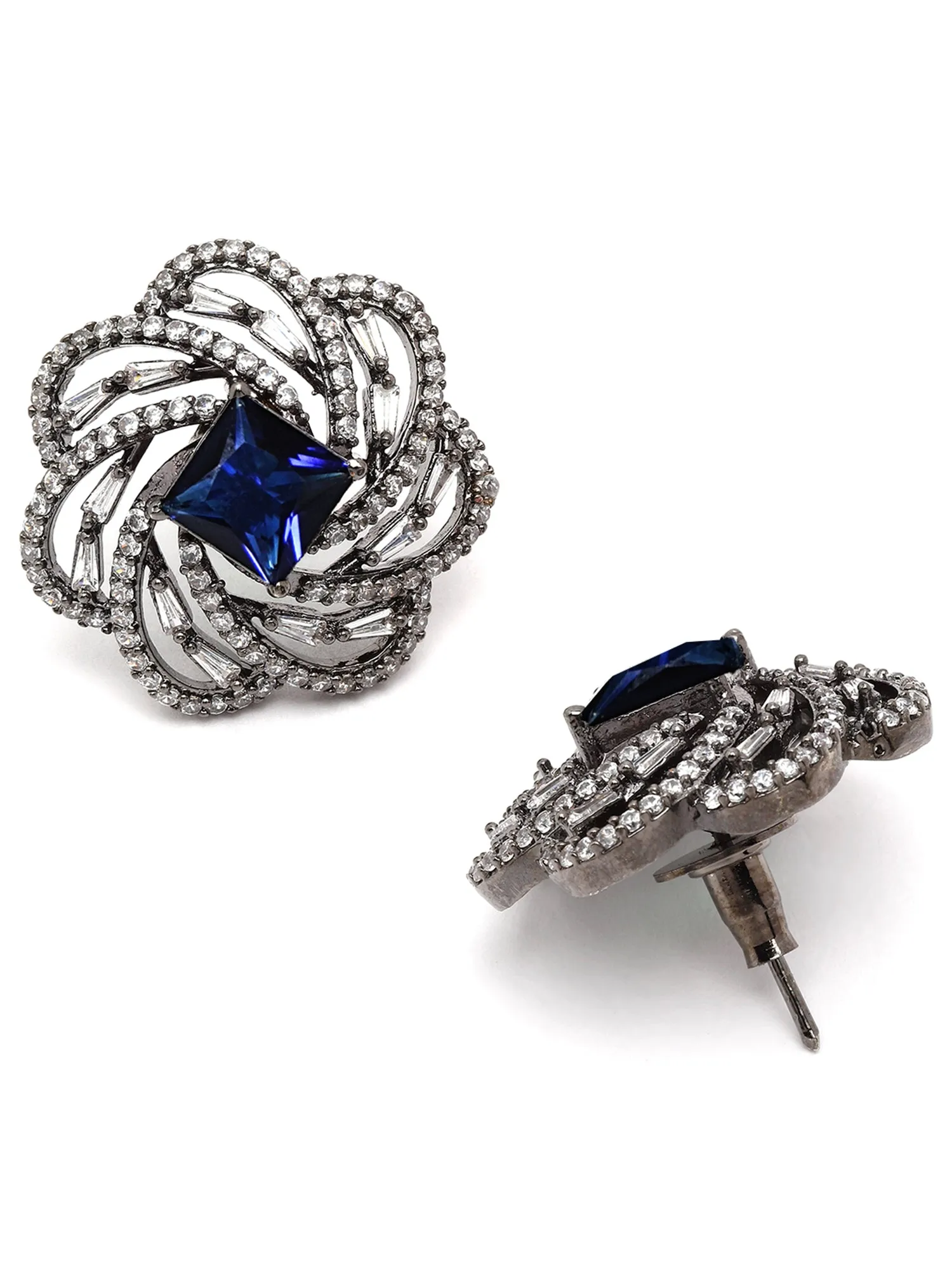 Karatcart Black Silver Tone Blue Cubic Zirconia Stud Earrings for Women