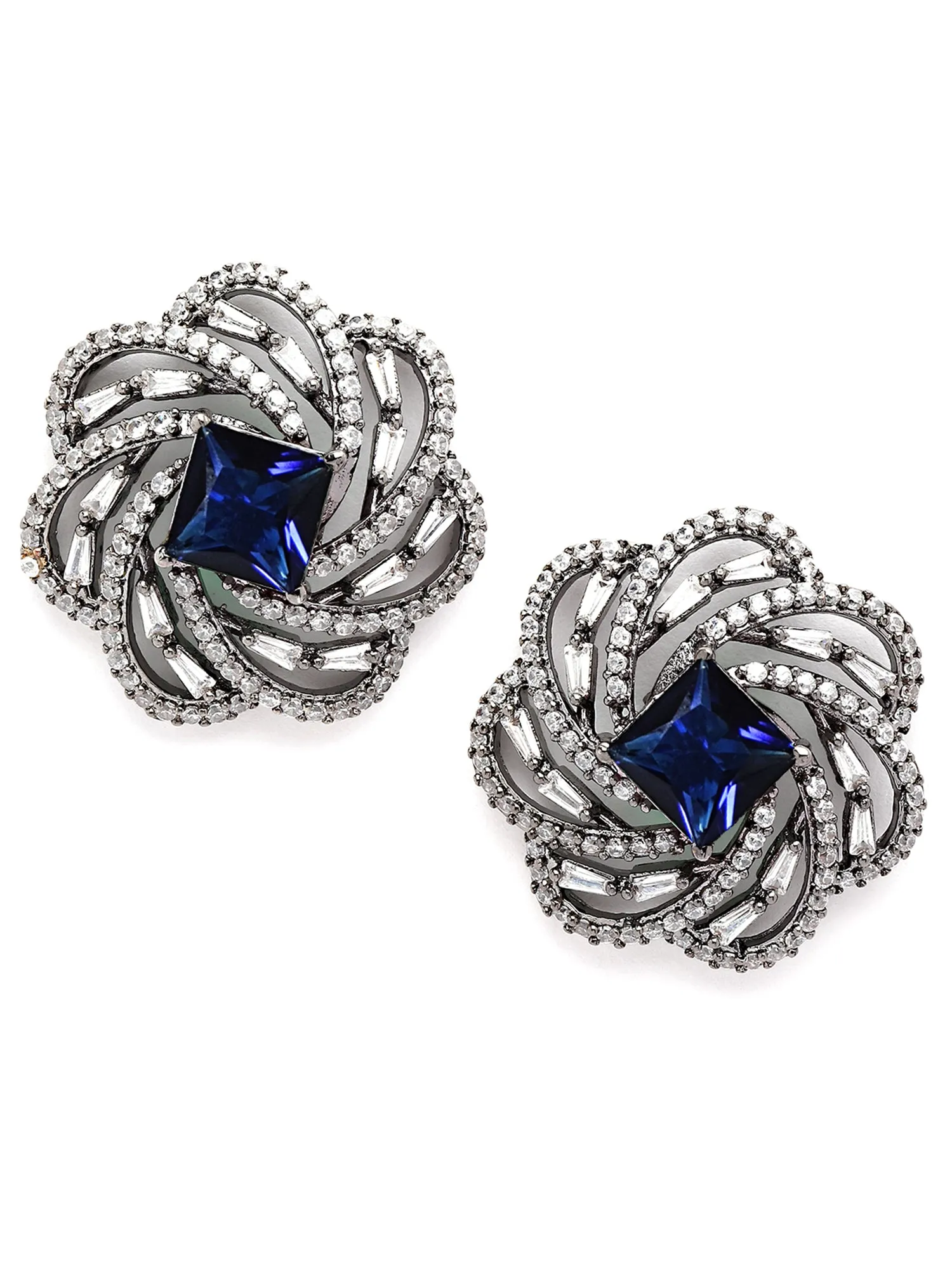 Karatcart Black Silver Tone Blue Cubic Zirconia Stud Earrings for Women