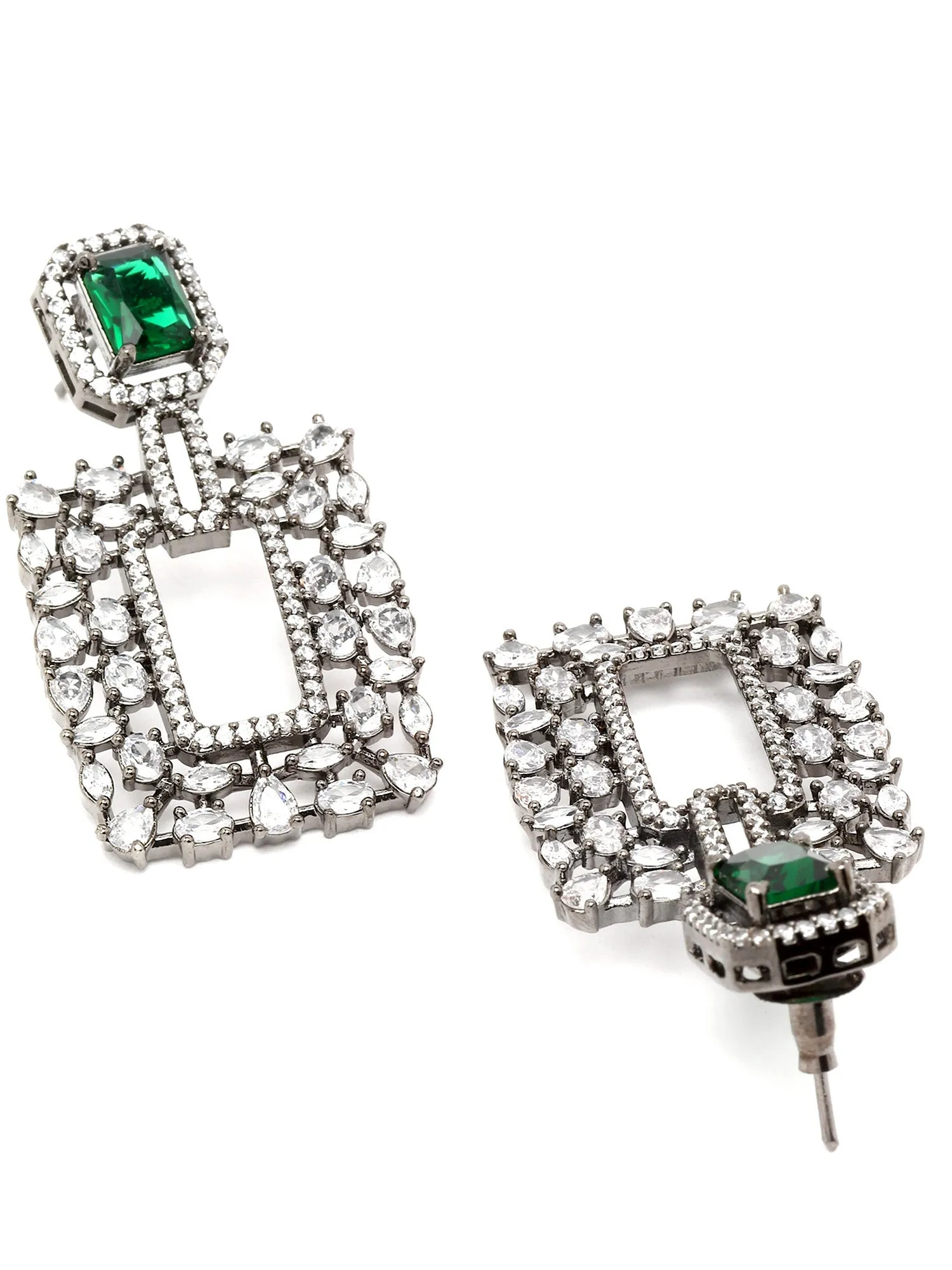 Karatcart Black Silver Tone Green Cubic Zirconia Dangler Earrings for Women