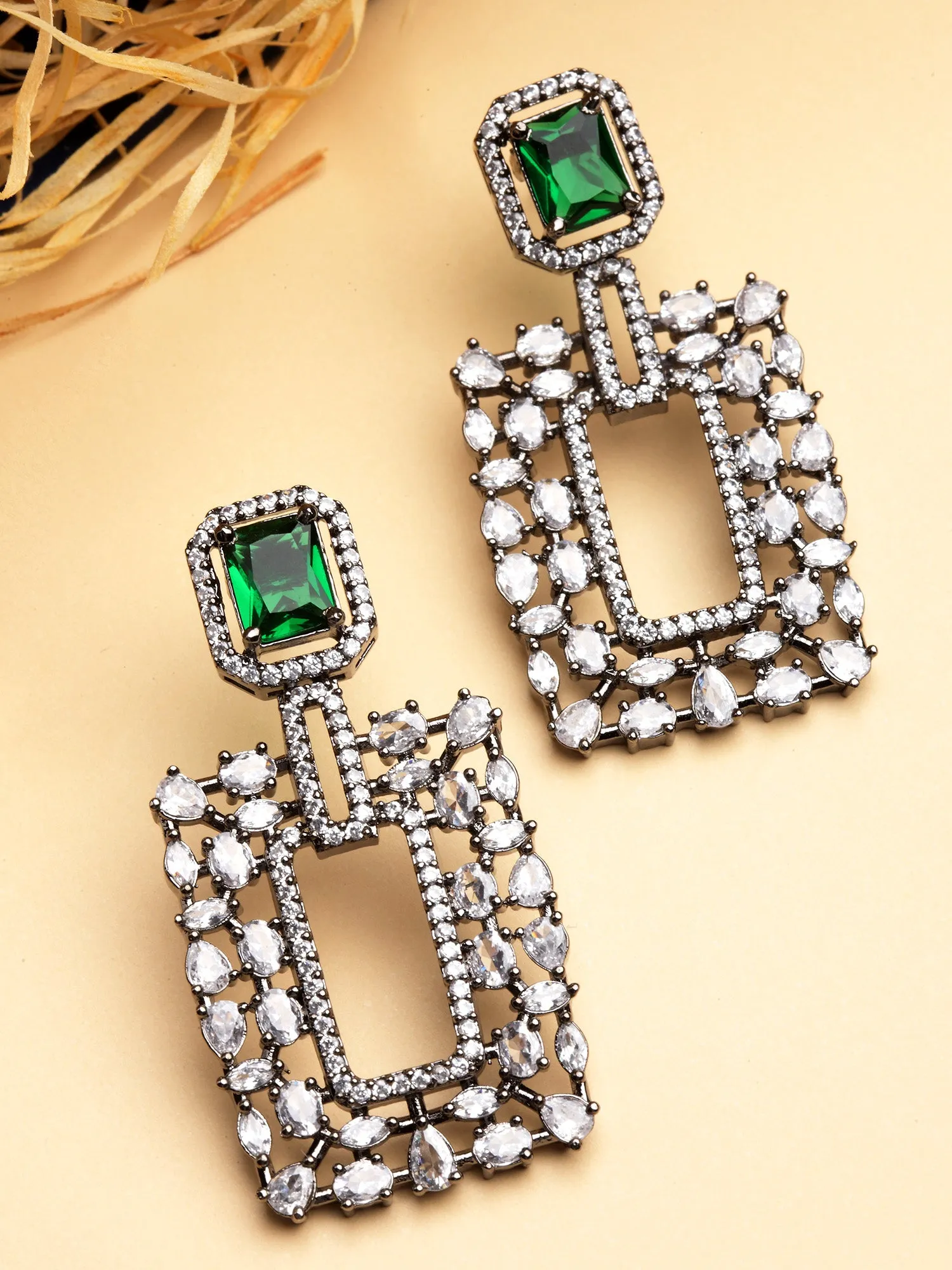 Karatcart Black Silver Tone Green Cubic Zirconia Dangler Earrings for Women