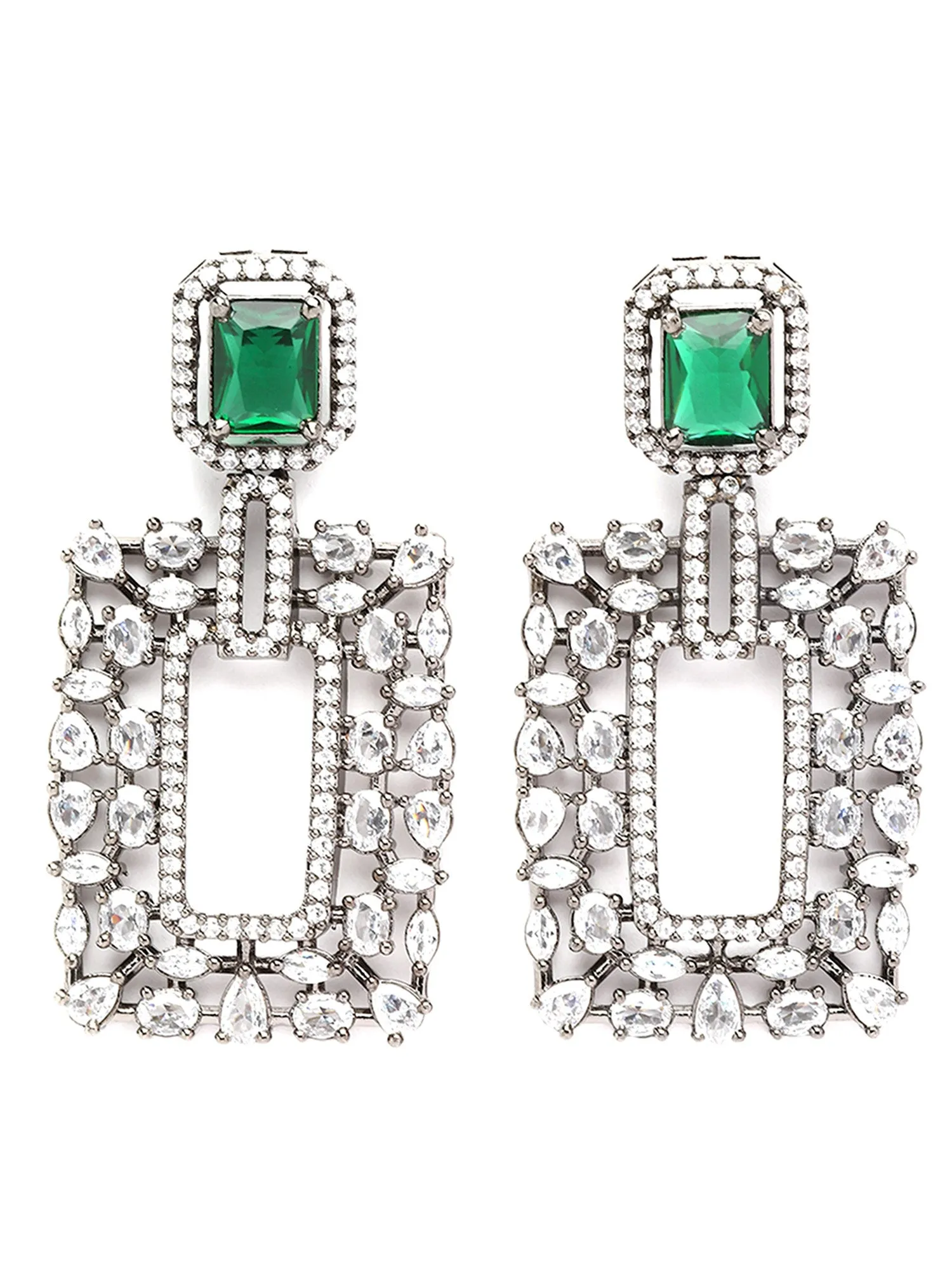 Karatcart Black Silver Tone Green Cubic Zirconia Dangler Earrings for Women