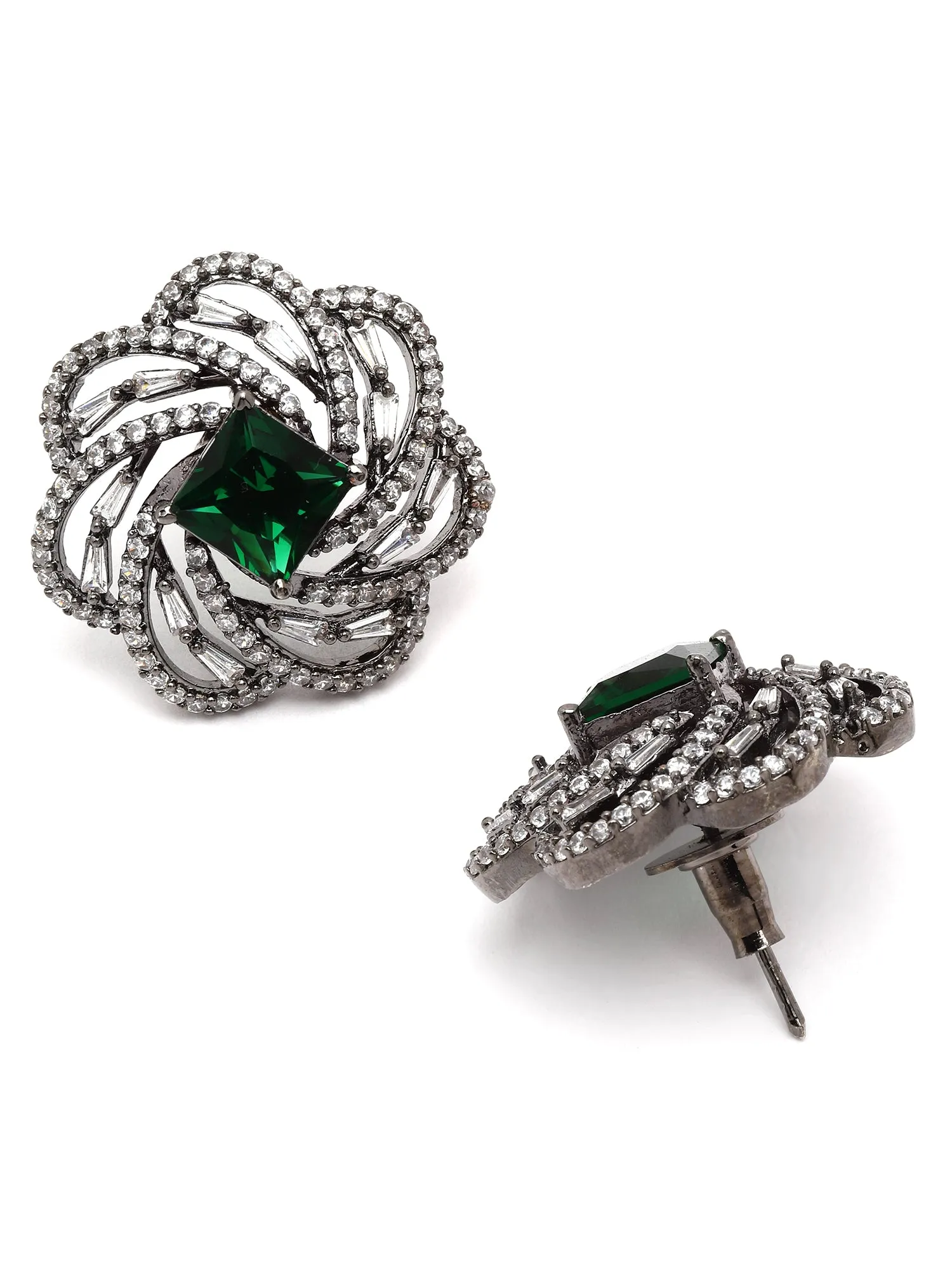 Karatcart Black Silver Tone Green Cubic Zirconia Stud Earrings for Women