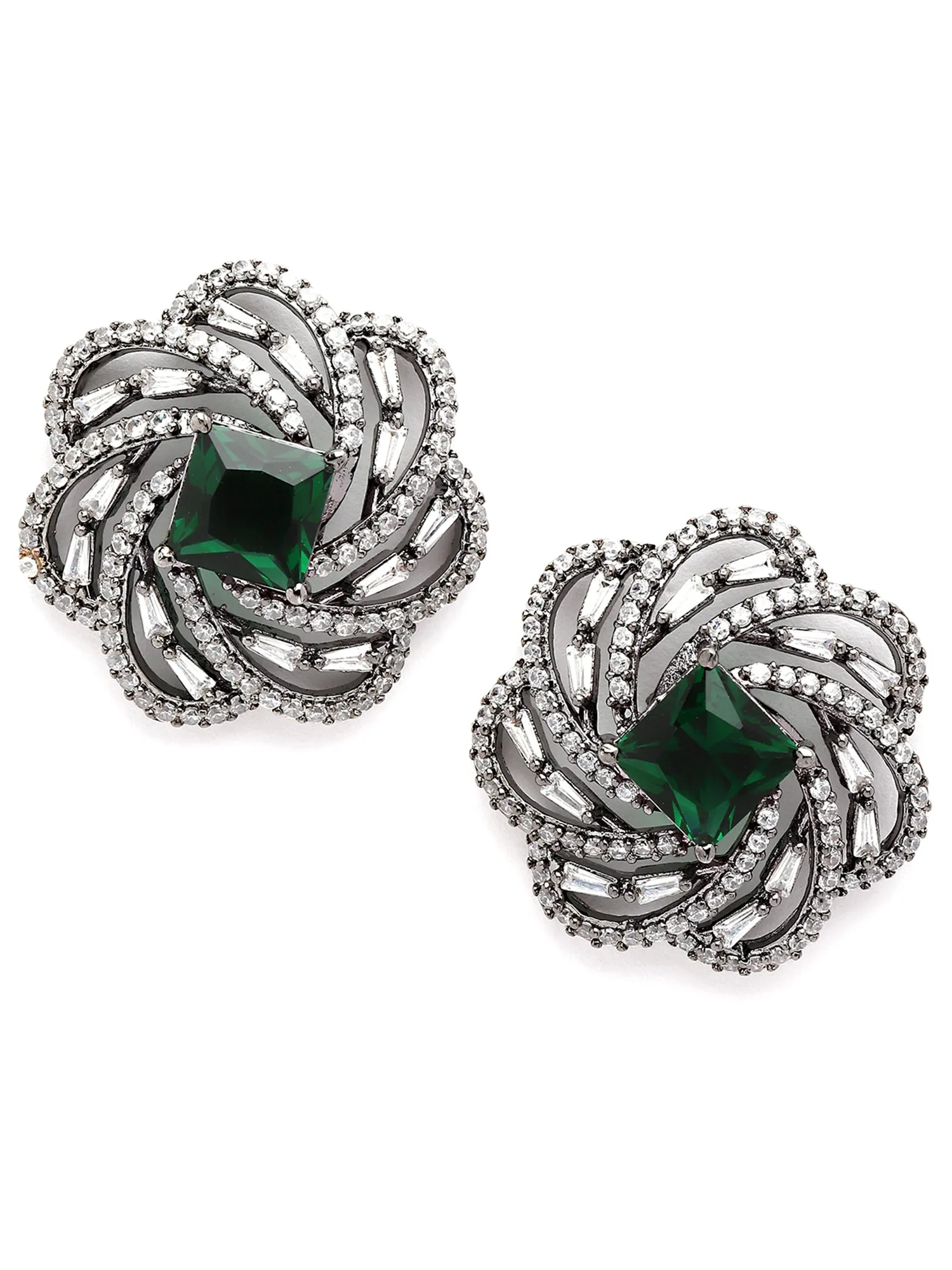 Karatcart Black Silver Tone Green Cubic Zirconia Stud Earrings for Women