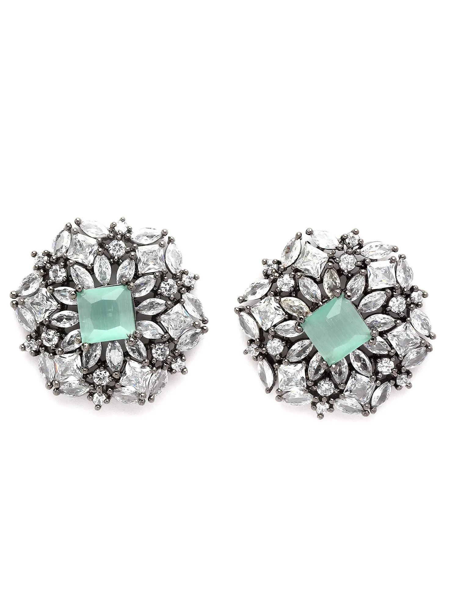 Karatcart Black Silver Tone Lime Green Cubic Zirconia Stud Earrings for Women