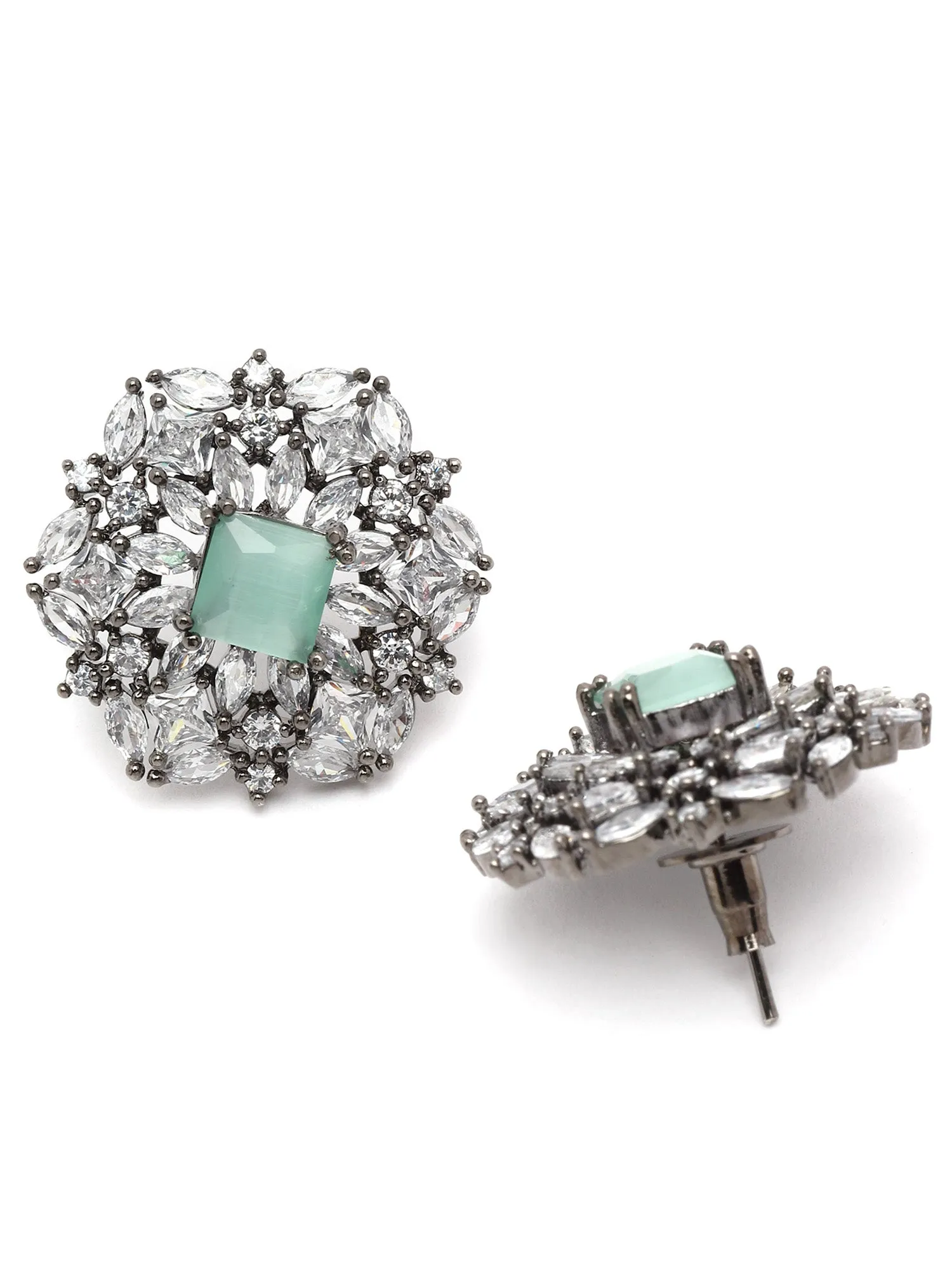 Karatcart Black Silver Tone Lime Green Cubic Zirconia Stud Earrings for Women