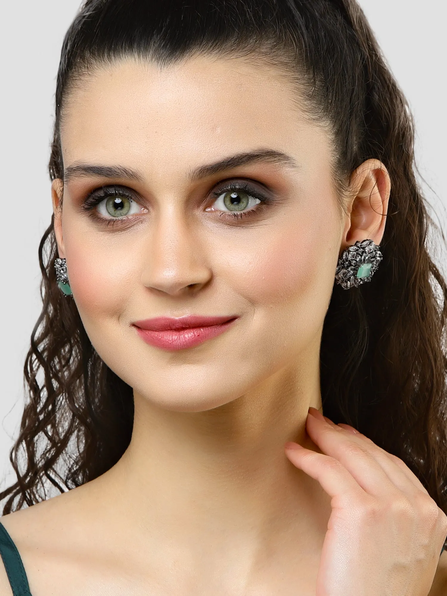 Karatcart Black Silver Tone Lime Green Cubic Zirconia Stud Earrings for Women