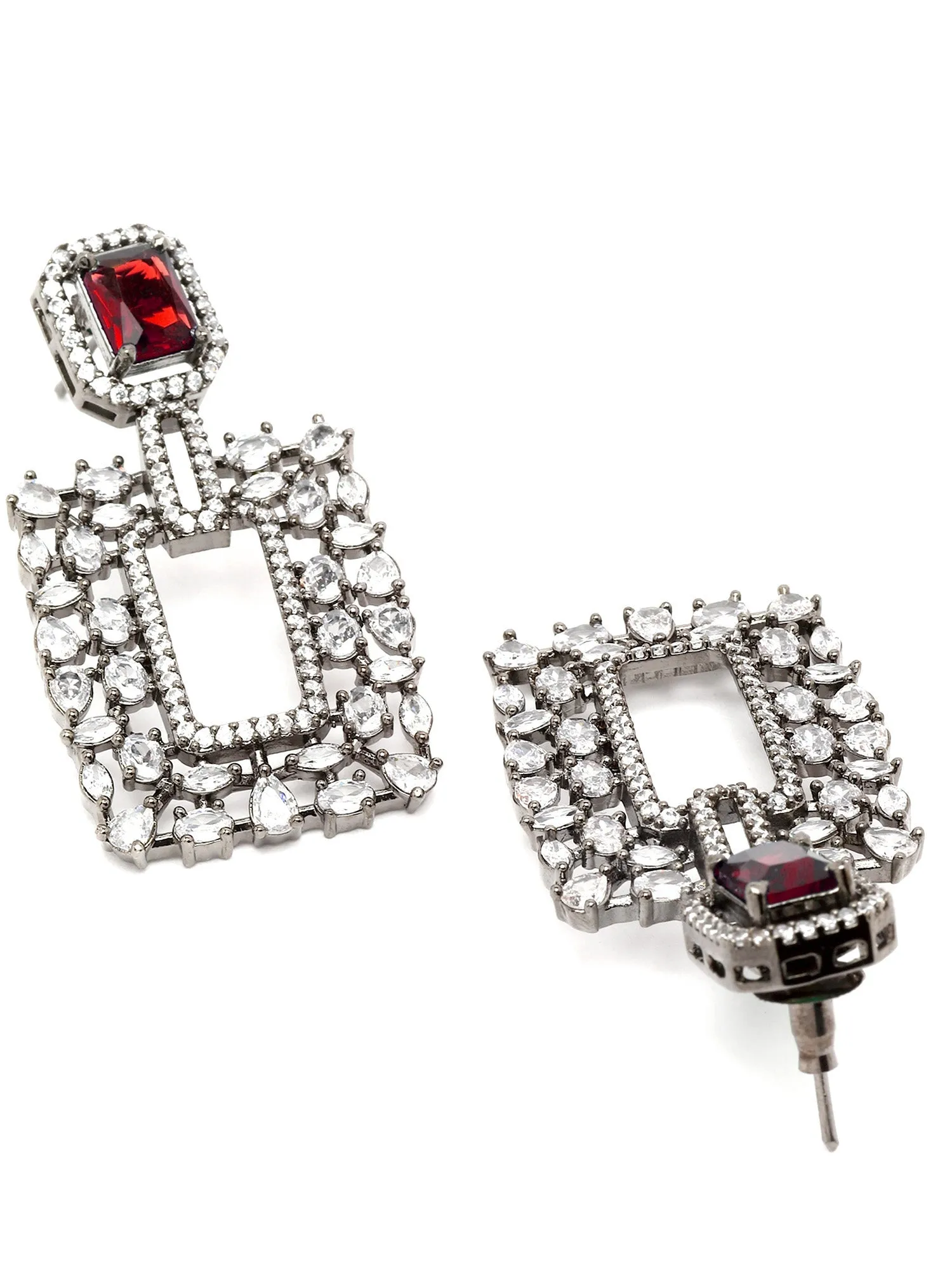 Karatcart Black Silver Tone Red Cubic Zirconia Dangler Earrings for Women