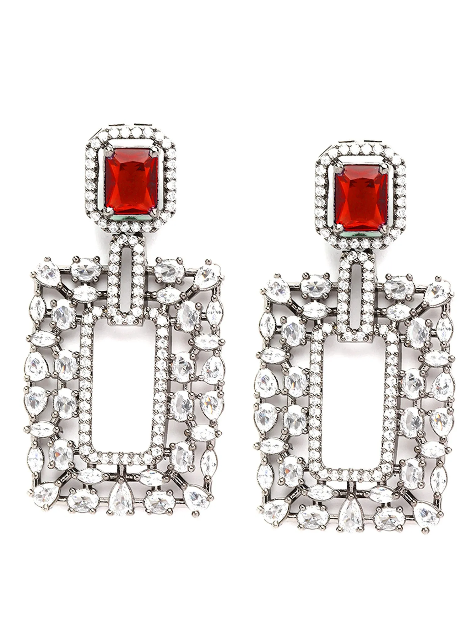 Karatcart Black Silver Tone Red Cubic Zirconia Dangler Earrings for Women