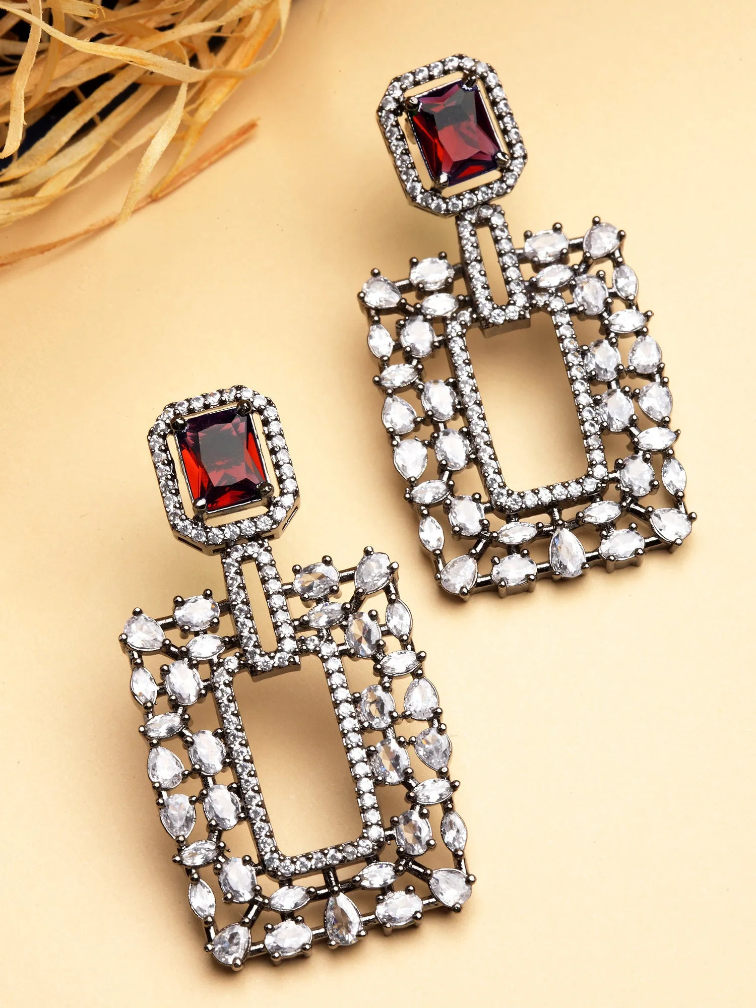Karatcart Black Silver Tone Red Cubic Zirconia Dangler Earrings for Women