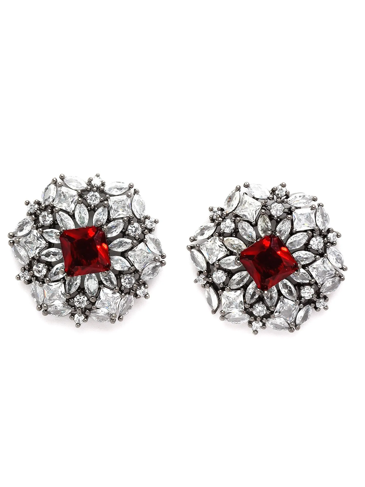 Karatcart Black Silver Tone Red Cubic Zirconia Stud Earrings for Women