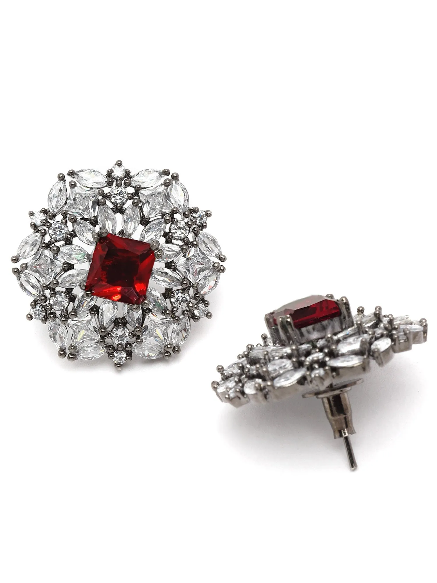 Karatcart Black Silver Tone Red Cubic Zirconia Stud Earrings for Women