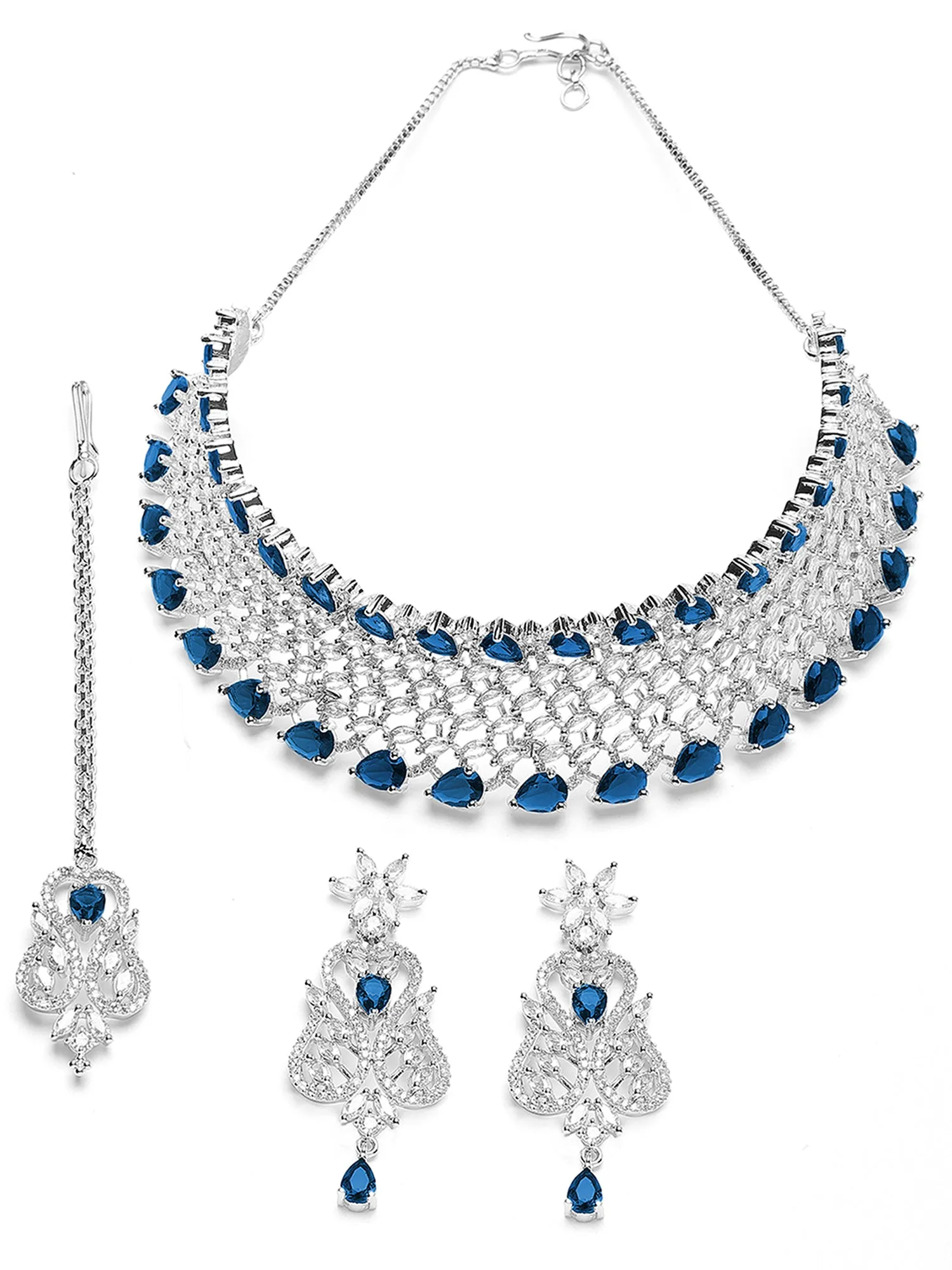 Karatcart Blue Cubic Zirconia Silver Plated Choker Necklace Set for Women