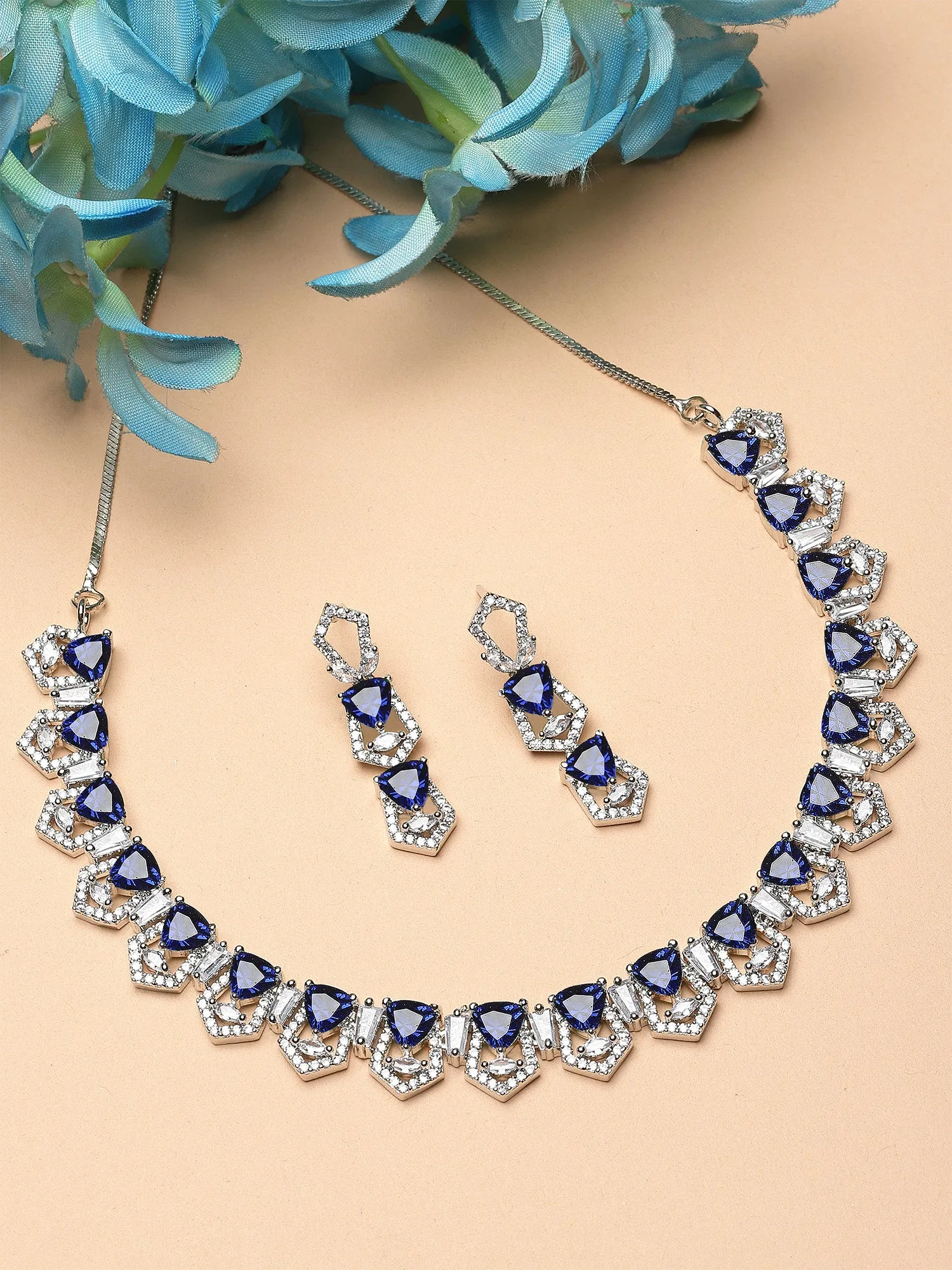 Karatcart Blue Cubic Zirconia Silver Plated Necklace Set for Women