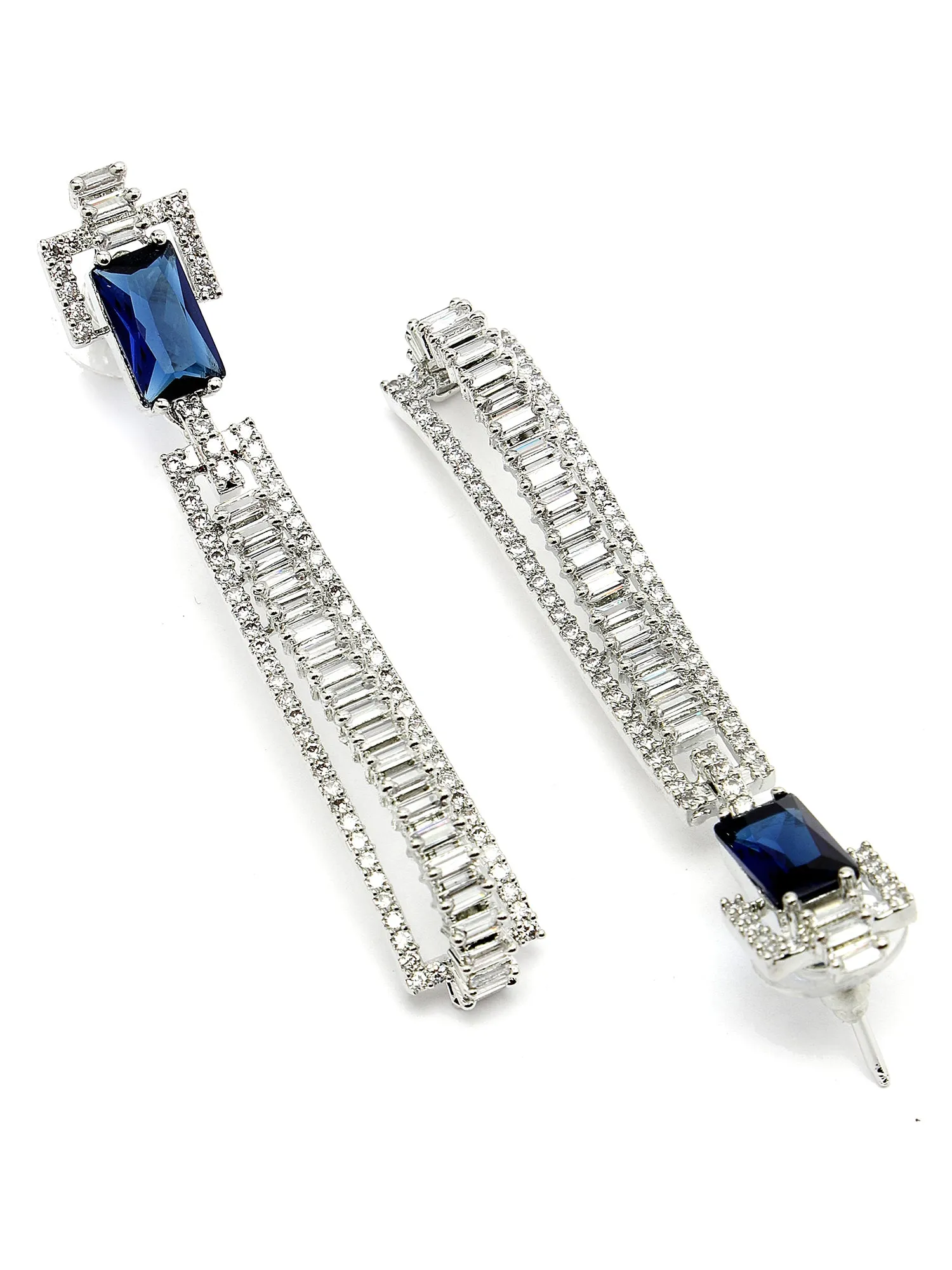 Karatcart Blue Cubic Zirconia Studded Silver Plated Drop Earrings for Women