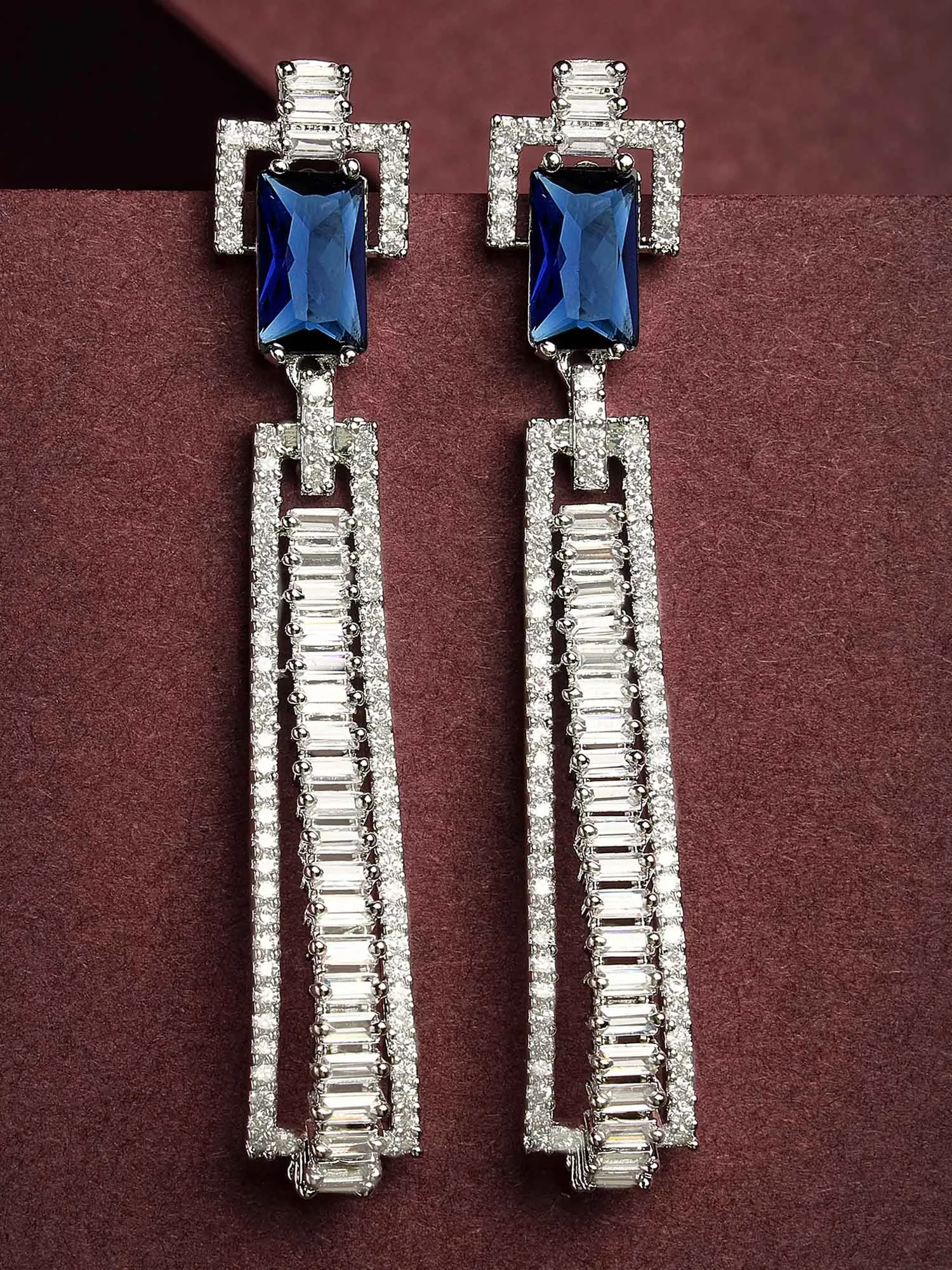 Karatcart Blue Cubic Zirconia Studded Silver Plated Drop Earrings for Women