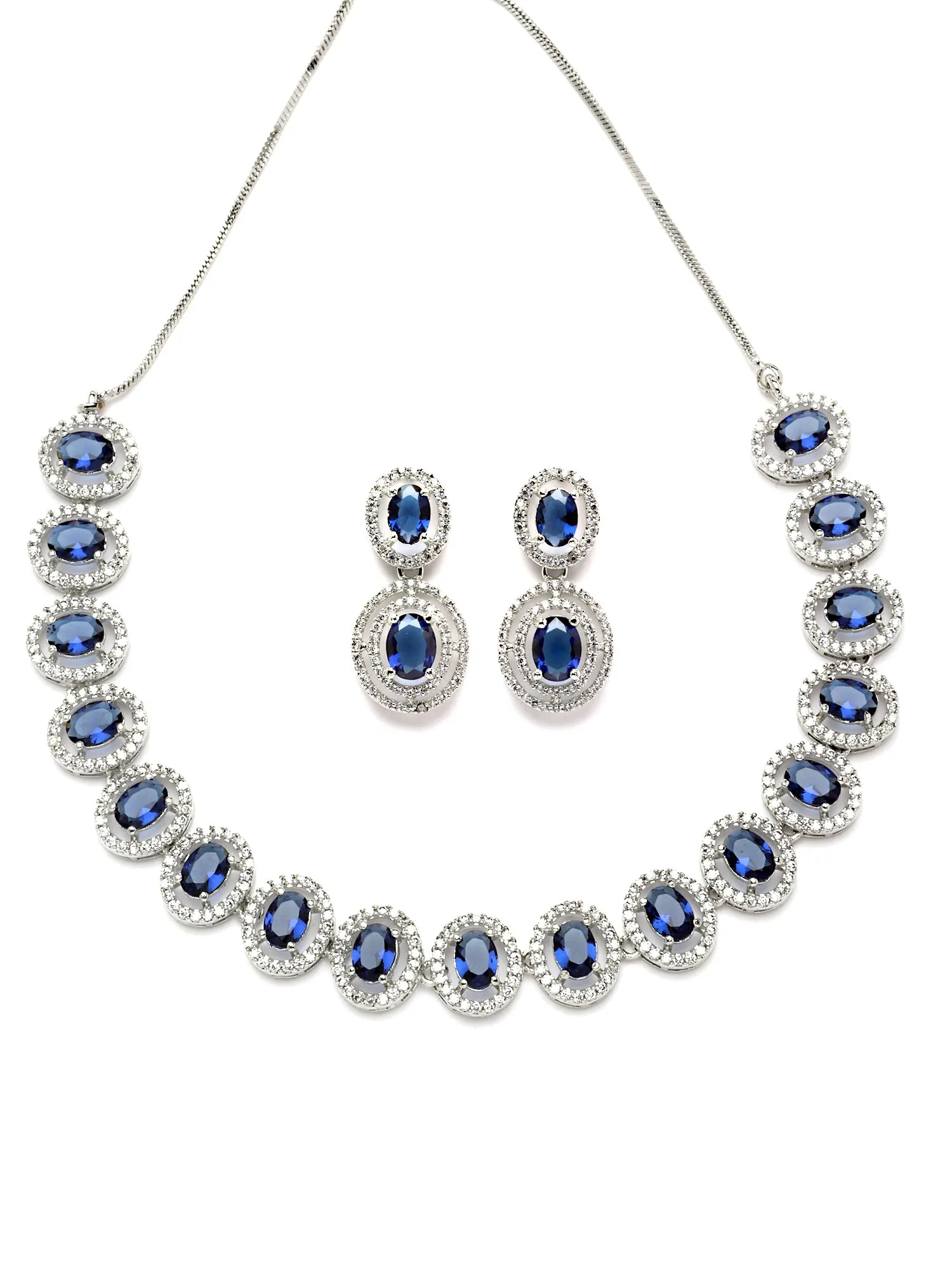Karatcart Blue Cubic Zirconia Studded Silver Tone Necklace Set