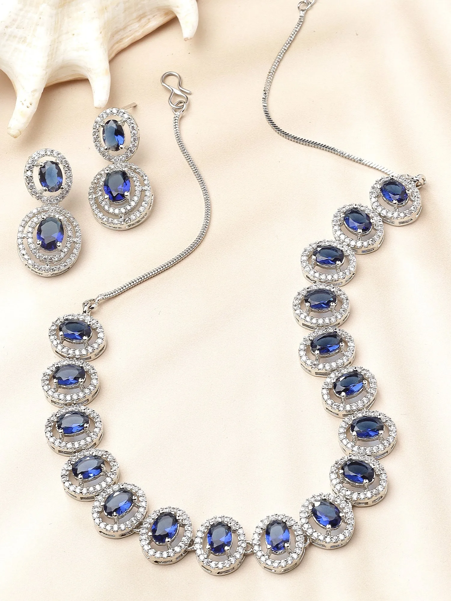 Karatcart Blue Cubic Zirconia Studded Silver Tone Necklace Set