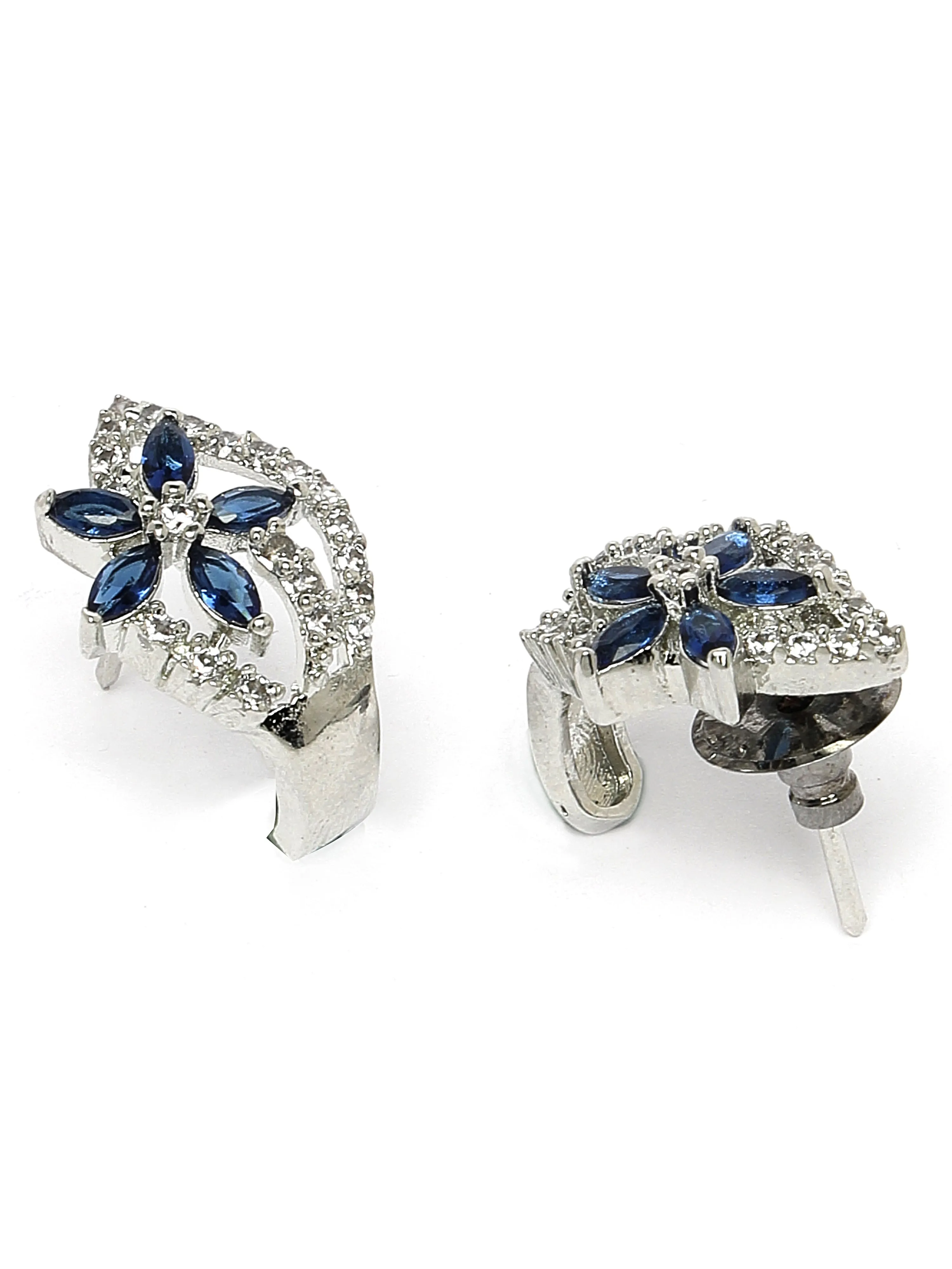 Karatcart Blue Stones Silver Plated Floral Design AD Stud Earrings for Women