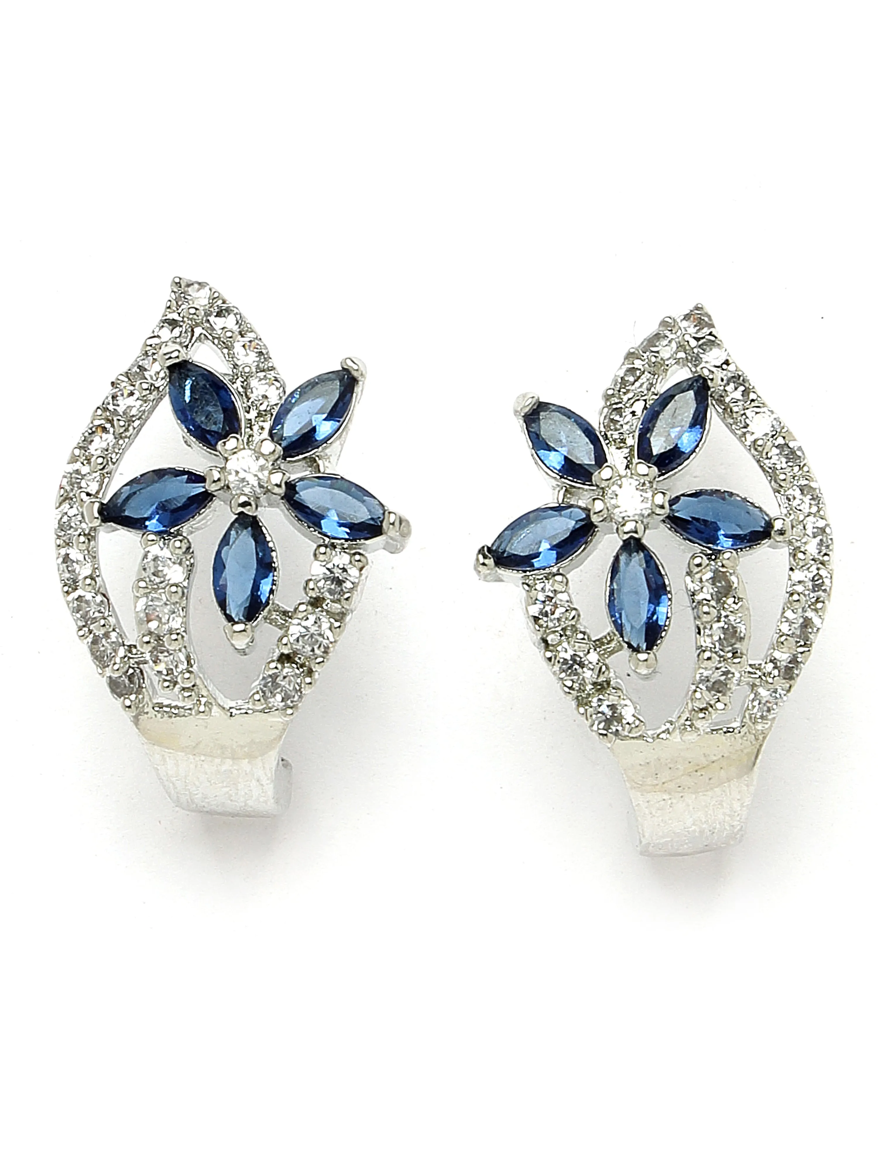 Karatcart Blue Stones Silver Plated Floral Design AD Stud Earrings for Women