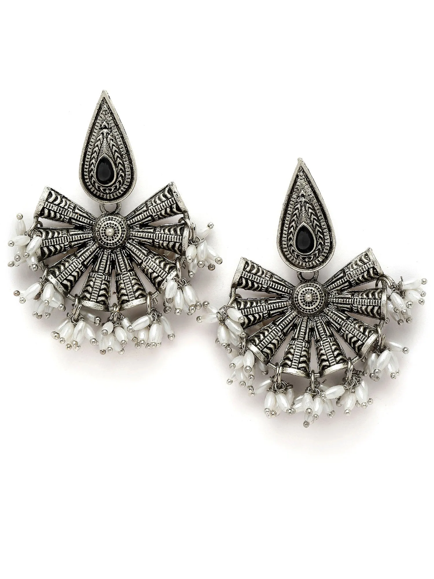 Karatcart Drop Shape Oxidised Silver Black Stone Dangler Earring for Women