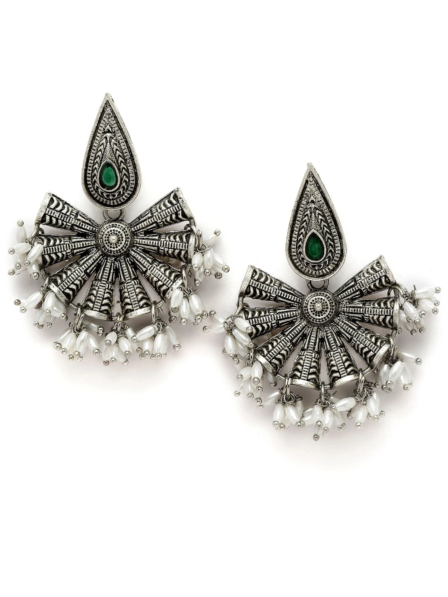 Karatcart Drop Shape Oxidised Silver Green Stone Dangler Earring for Women