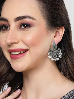 Karatcart Drop Shape Oxidised Silver Green Stone Dangler Earring for Women