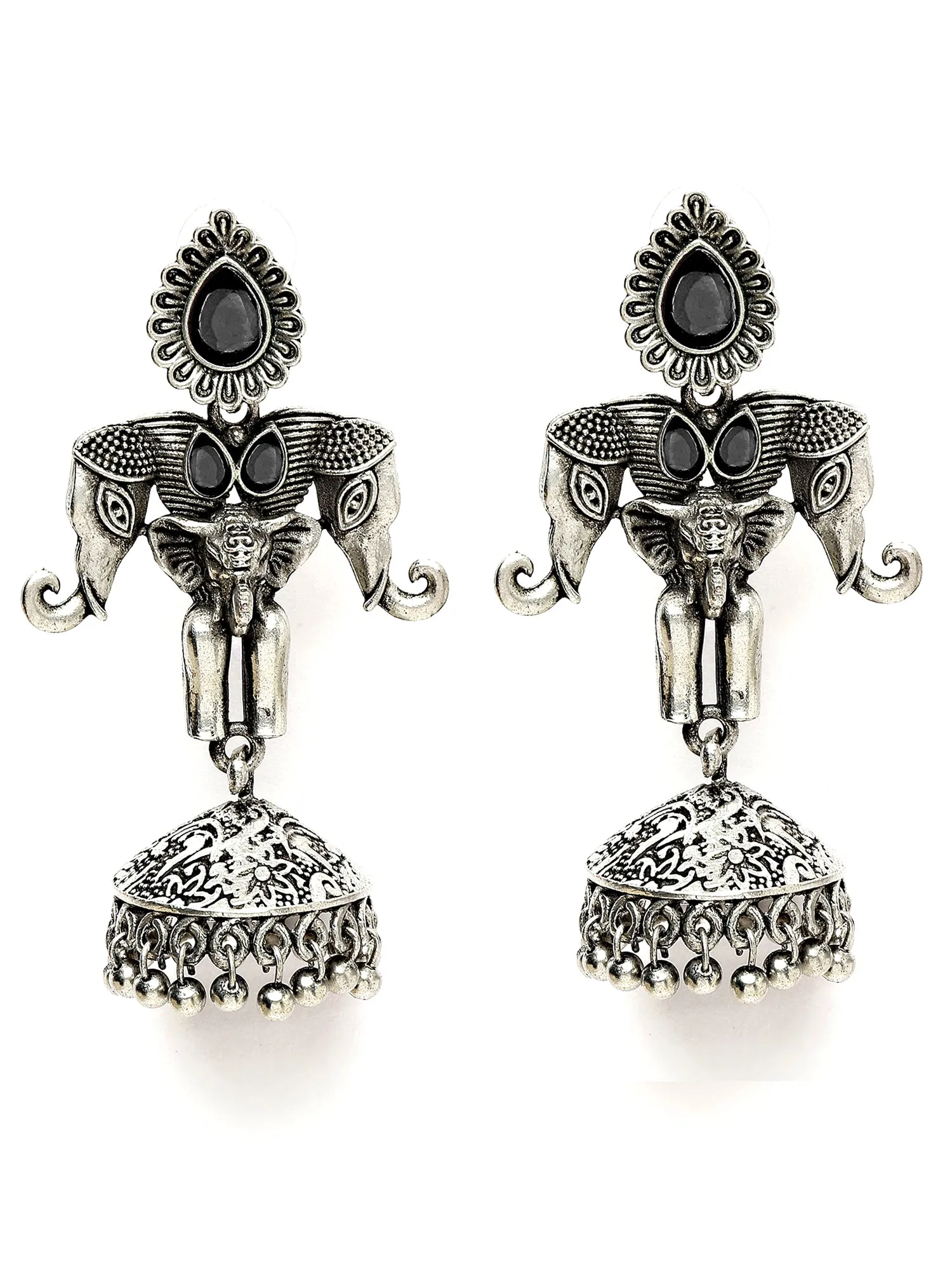 Karatcart Elephant Design Oxidised Silver Black Stone Flat Jhumki Earrings for Women