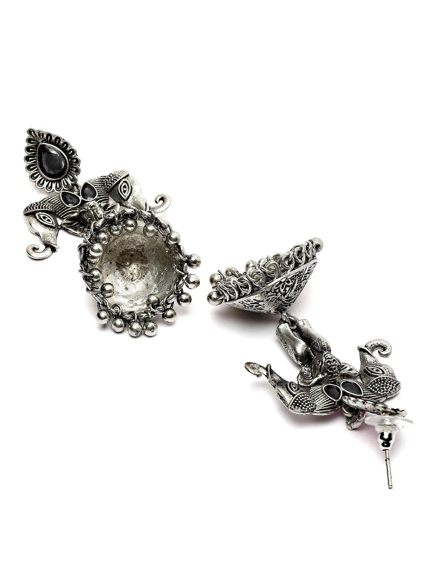Karatcart Elephant Design Oxidised Silver Black Stone Flat Jhumki Earrings for Women
