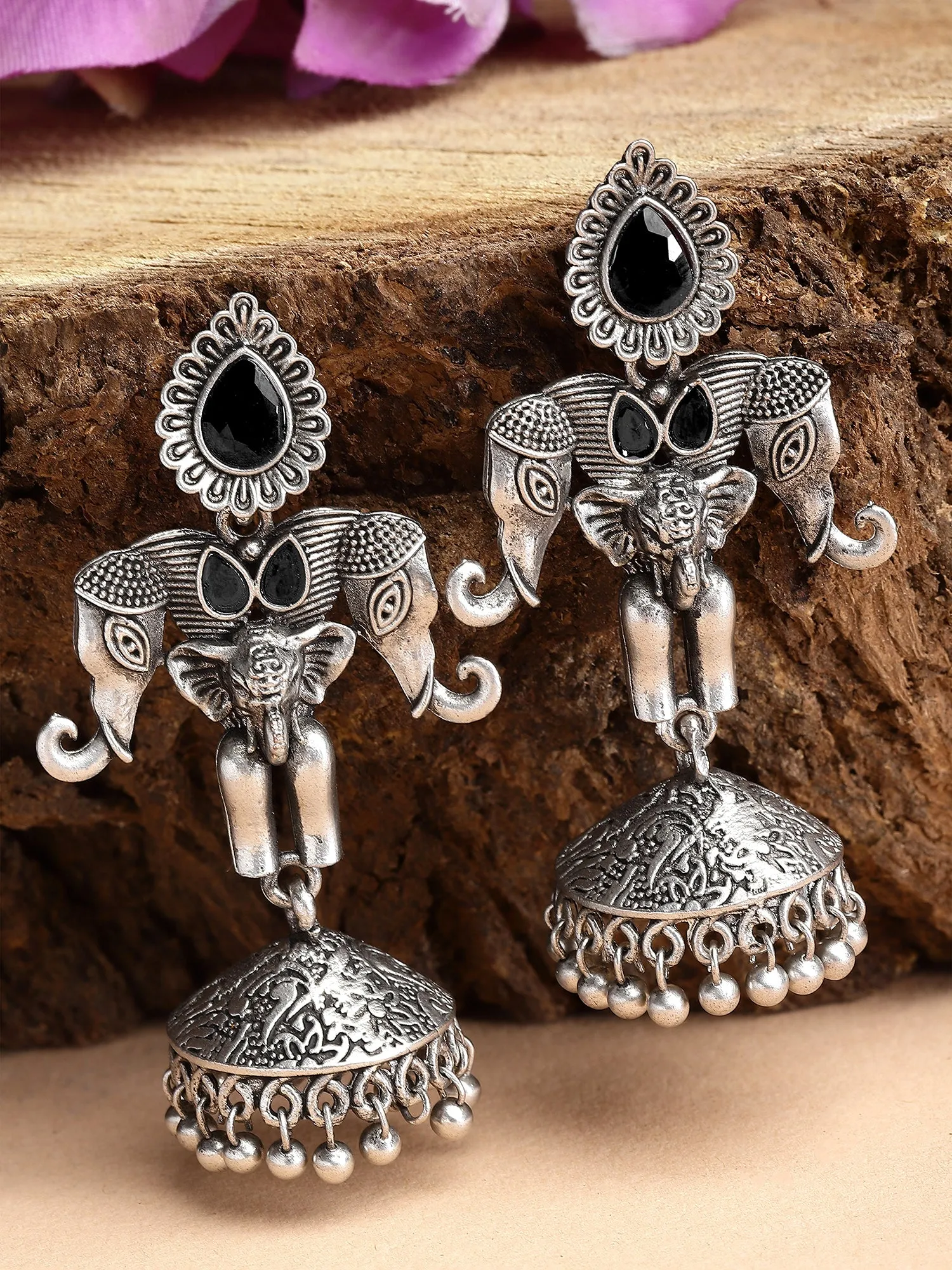 Karatcart Elephant Design Oxidised Silver Black Stone Flat Jhumki Earrings for Women