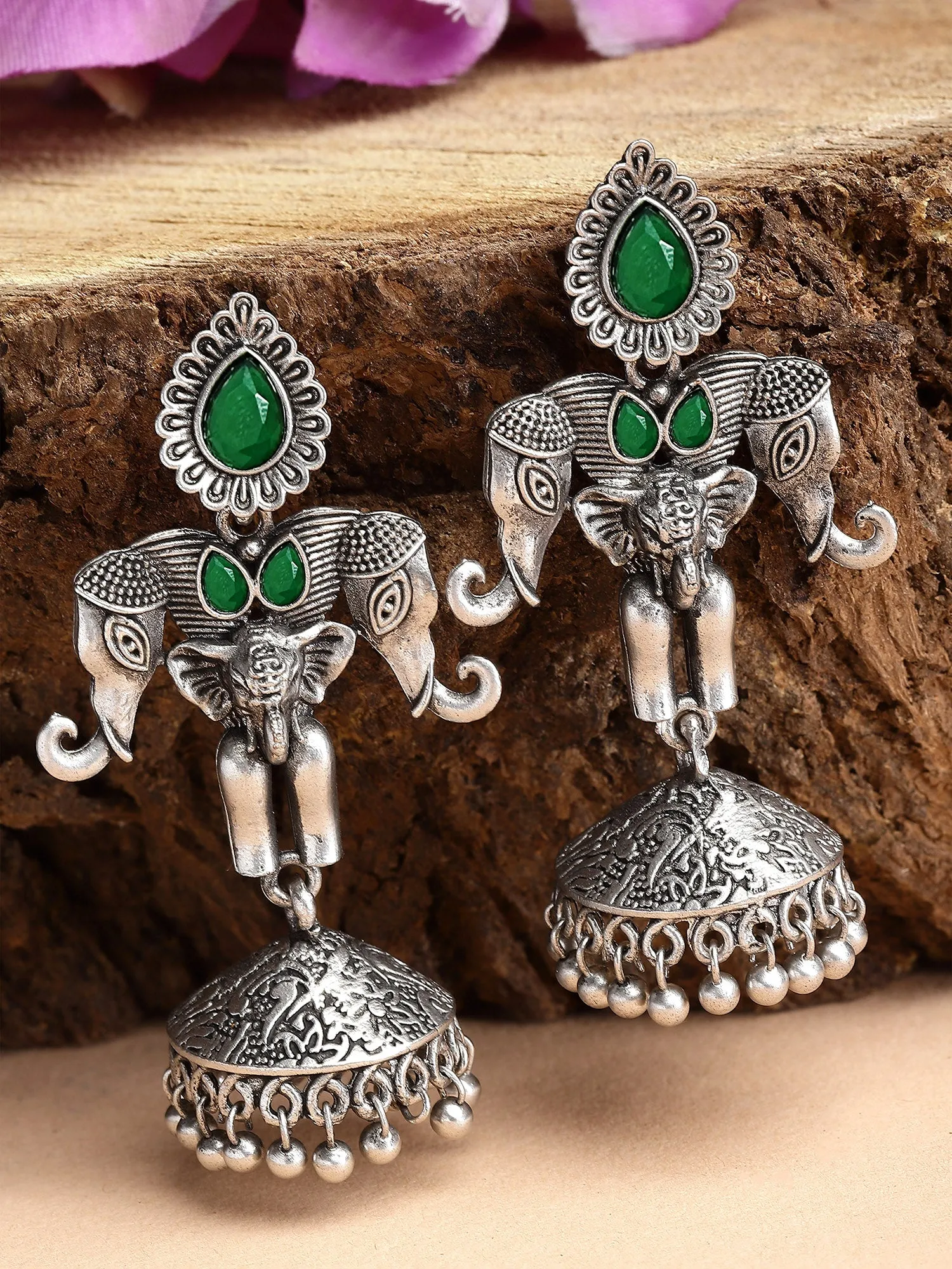 Karatcart Elephant Design Oxidised Silver Green Stone Flat Jhumki Earrings for Women
