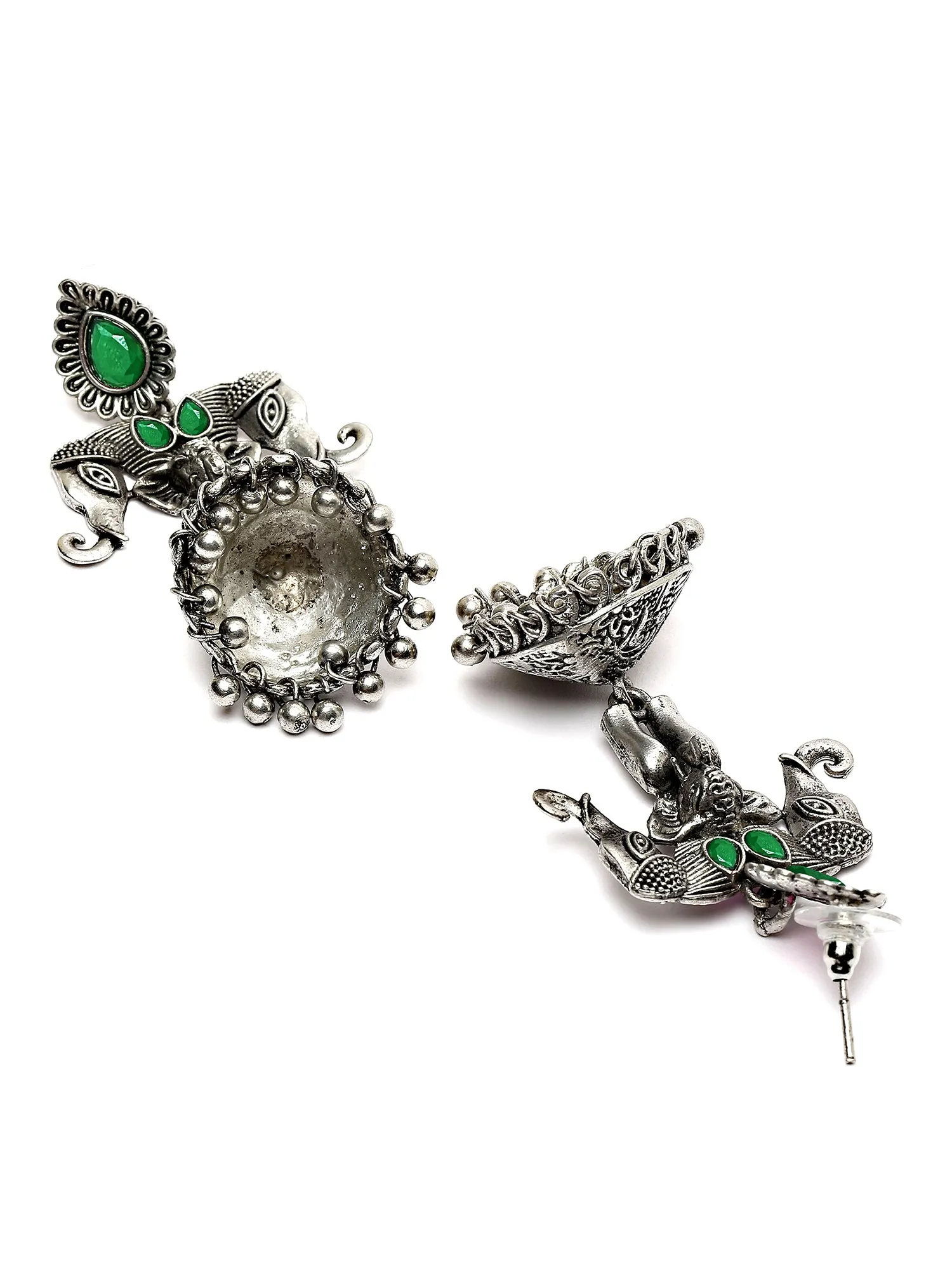 Karatcart Elephant Design Oxidised Silver Green Stone Flat Jhumki Earrings for Women