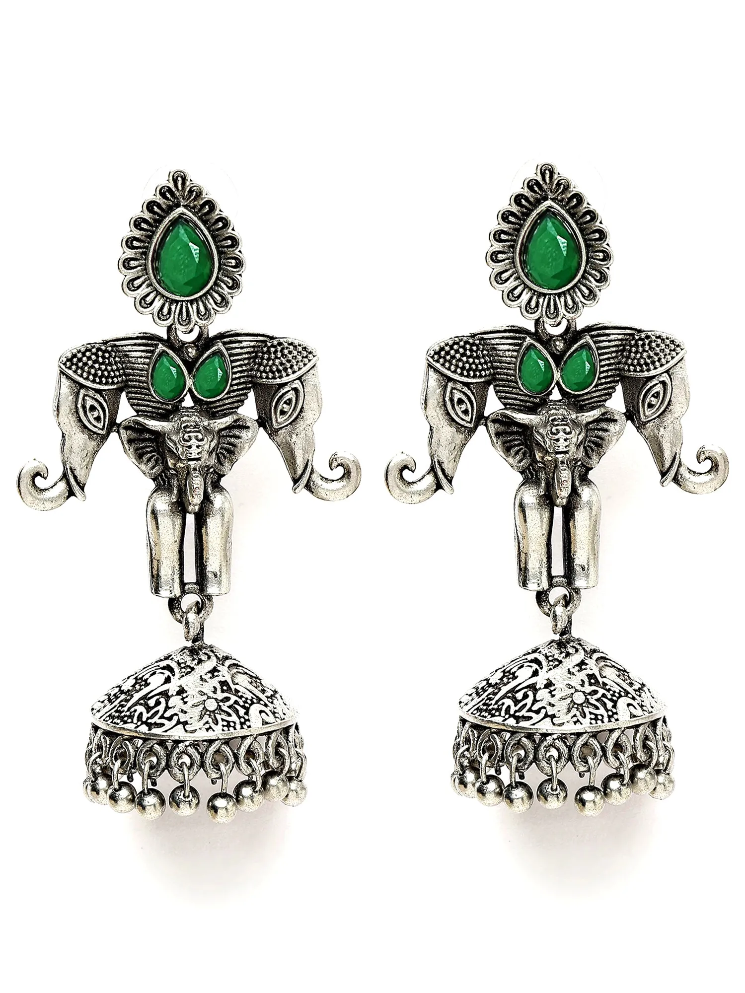 Karatcart Elephant Design Oxidised Silver Green Stone Flat Jhumki Earrings for Women
