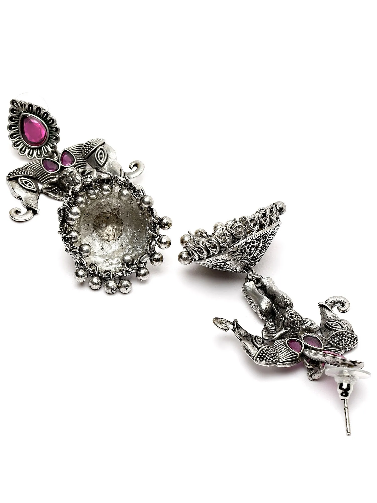 Karatcart Elephant Design Oxidised Silver Red Stone Flat Jhumki Earrings for Women