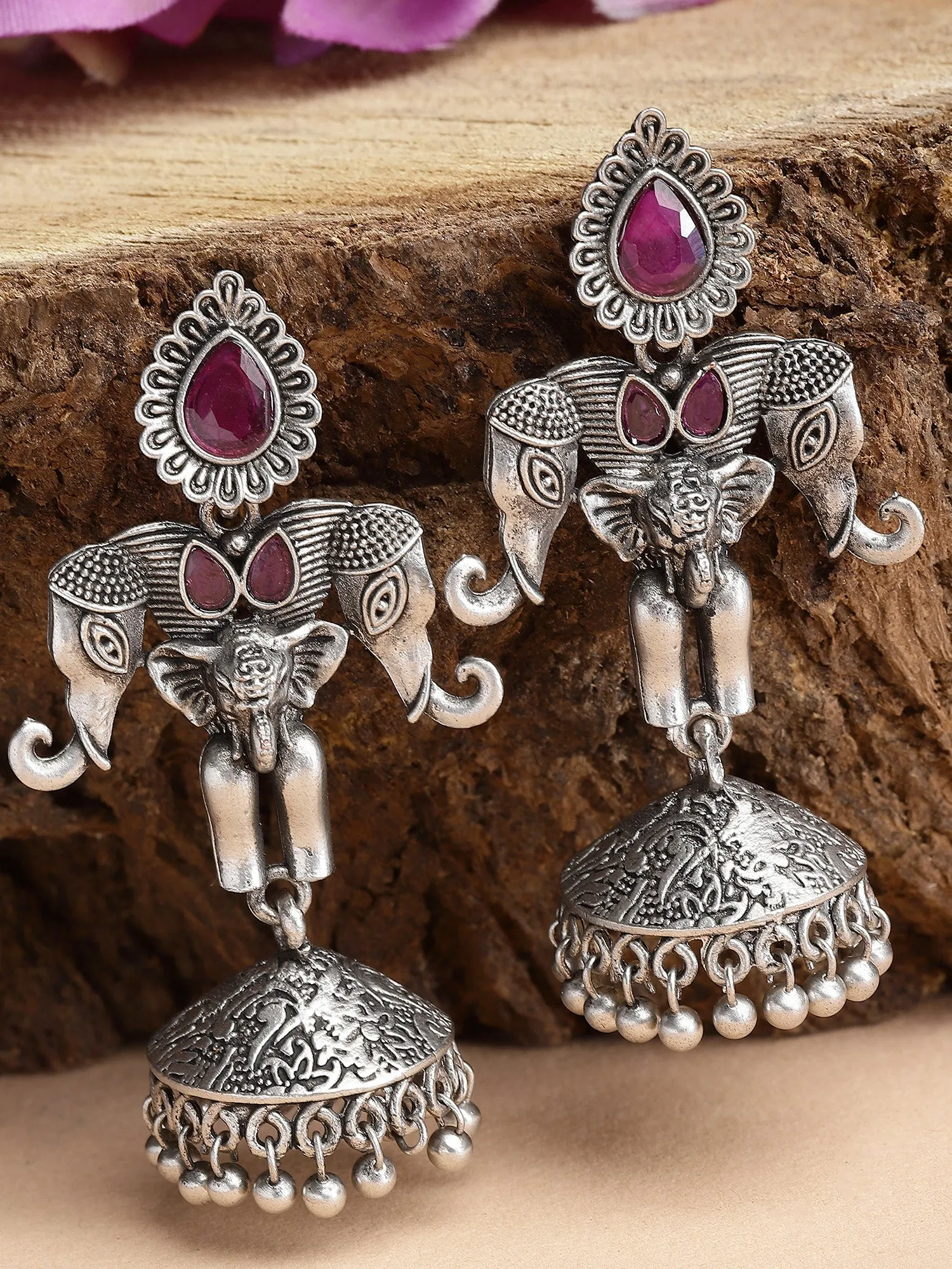 Karatcart Elephant Design Oxidised Silver Red Stone Flat Jhumki Earrings for Women