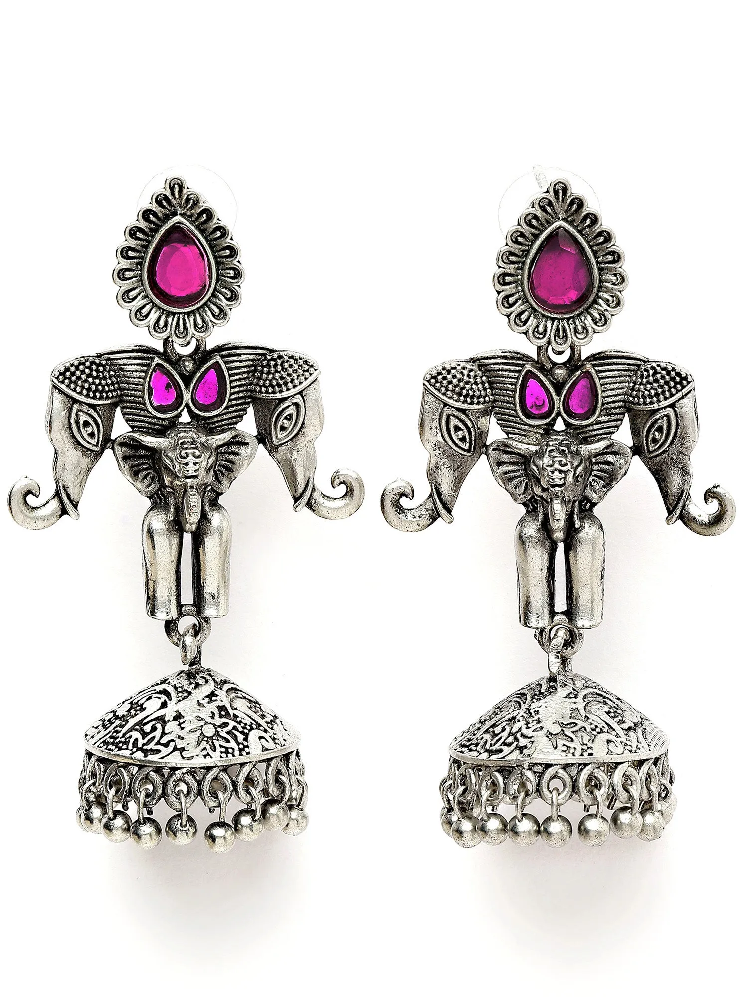 Karatcart Elephant Design Oxidised Silver Red Stone Flat Jhumki Earrings for Women