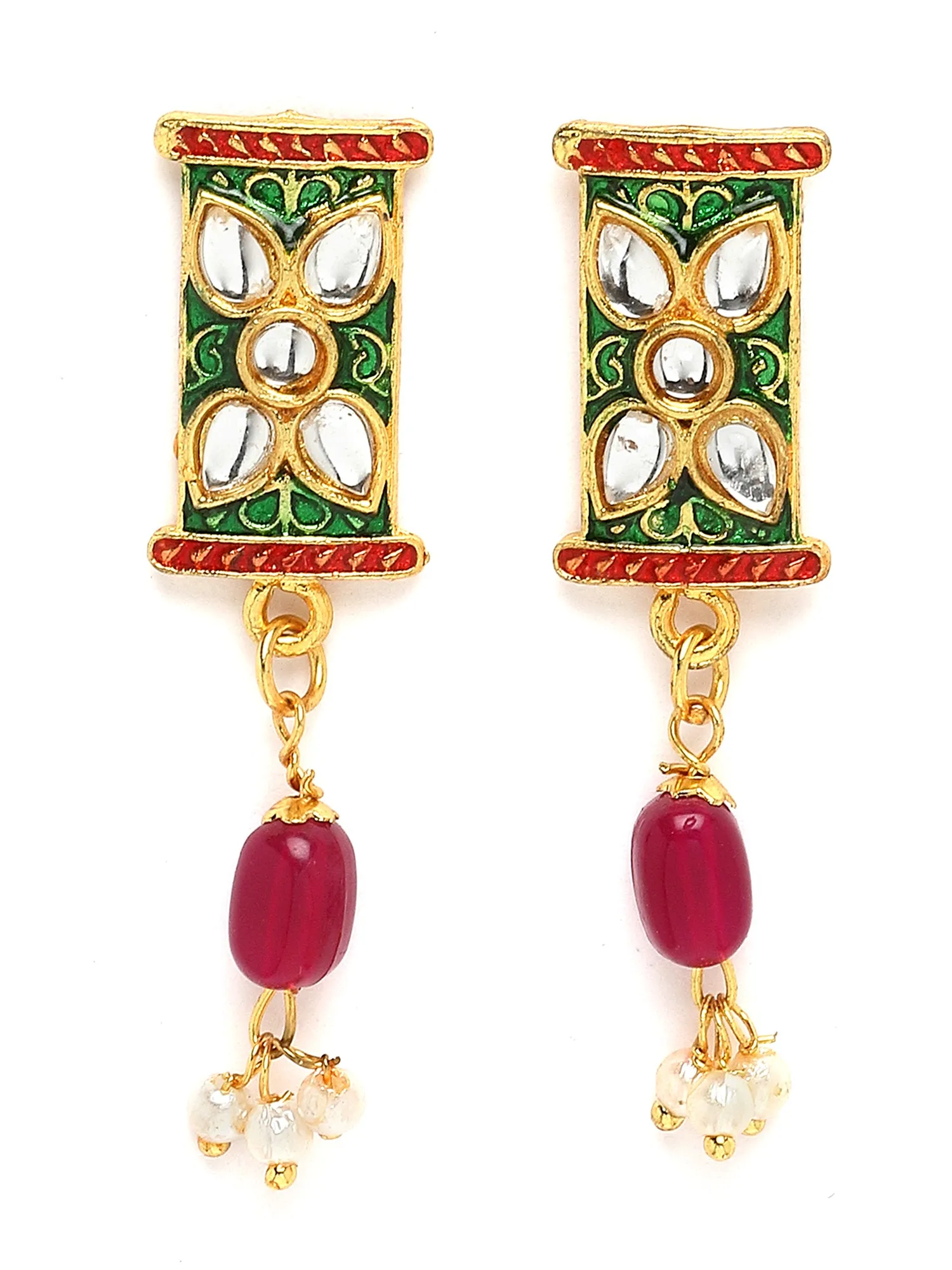 Karatcart Floral Design Gold Plated Red and Green Tumble Studded Pearl Beaded Necklace Set